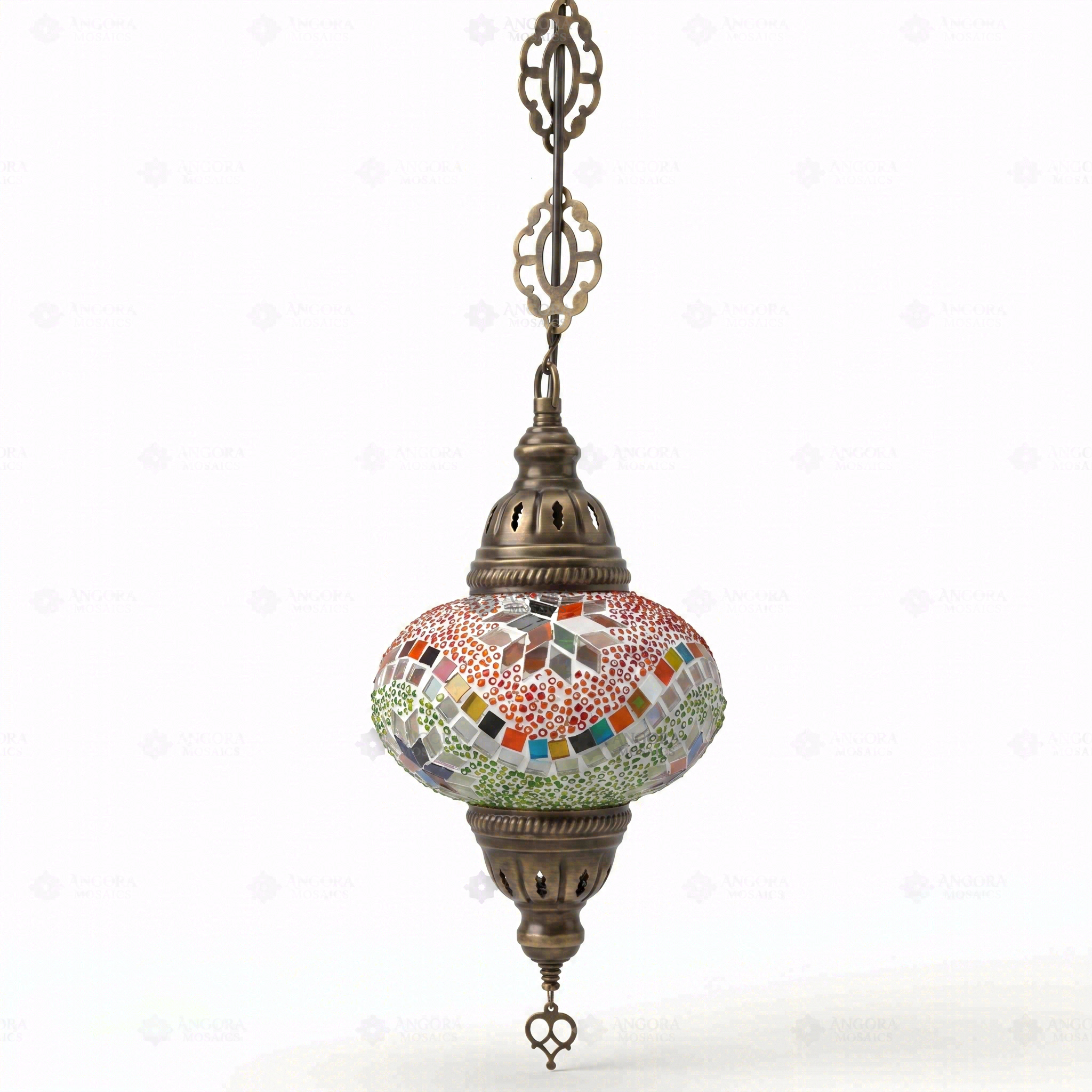 Full view of handmade Multicolor multicolor jewel Turkish mosaic pendant light on white background (ENV DYN3004)