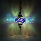 Blue Turkish mosaic pendant light illuminated, showing colorful light projection (ENV DYN3005)