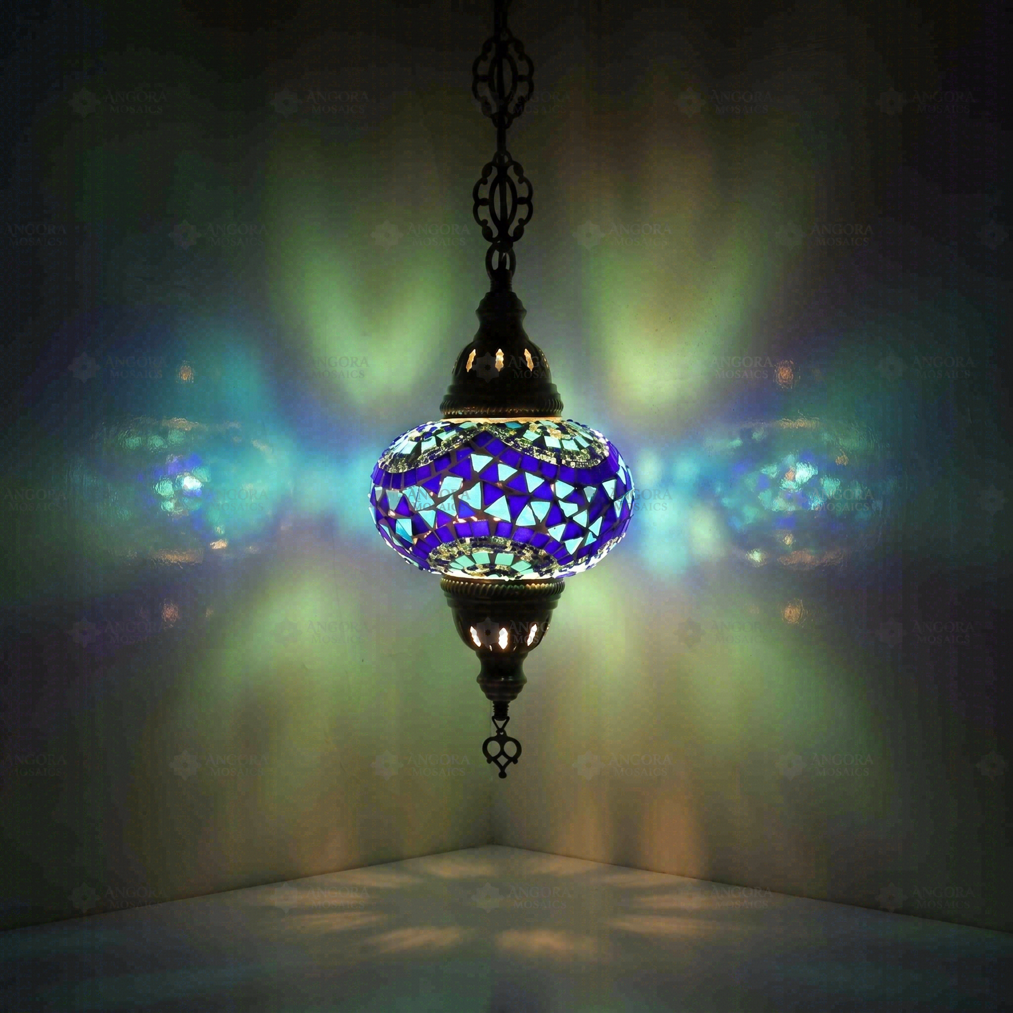 Blue Turkish mosaic pendant light illuminated, showing colorful light projection (ENV DYN3005)