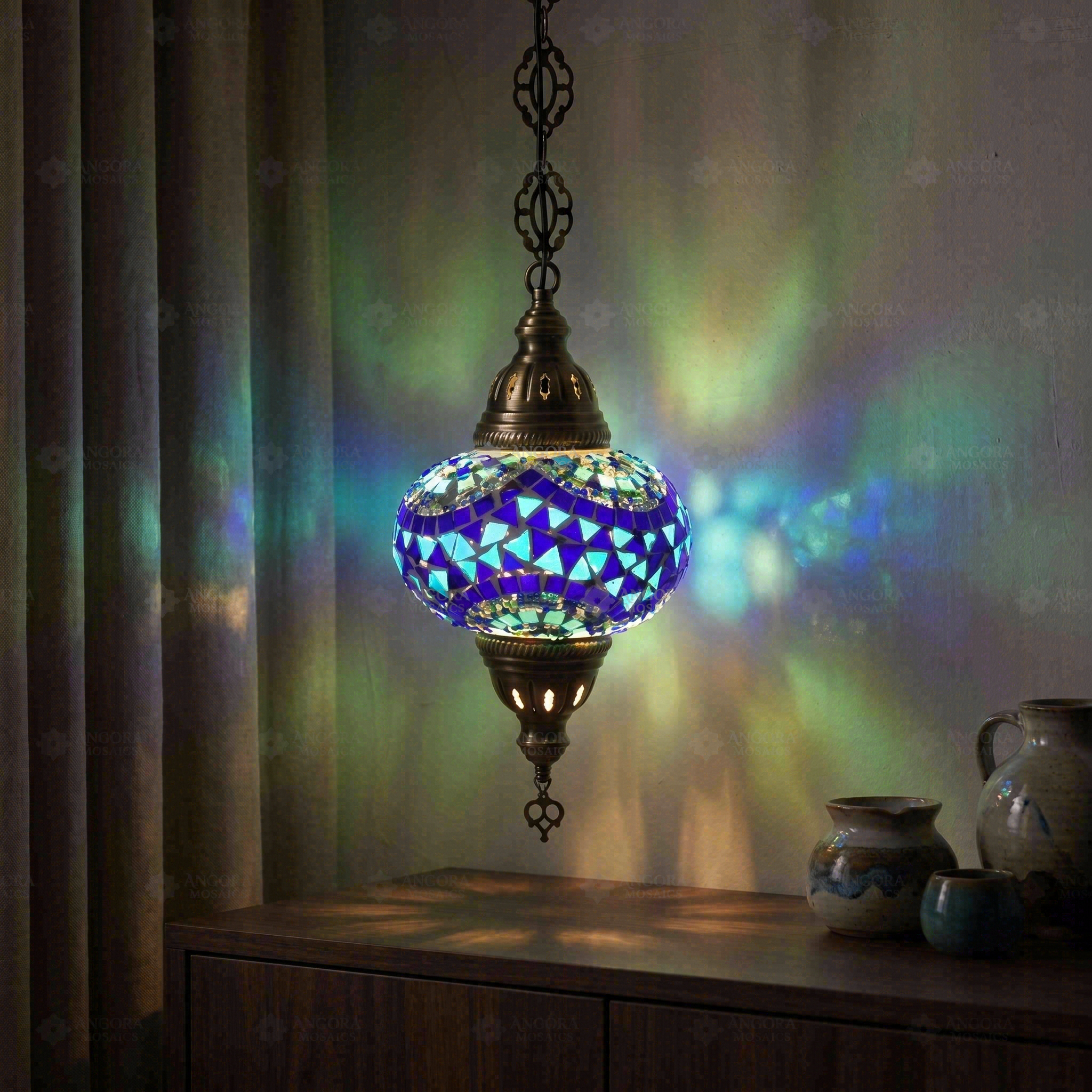 Blue blue jewel Turkish mosaic pendant light in styled room — handmade Moroccan pendant light (ENV DYN3005)