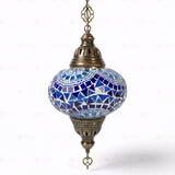 Full view of handmade Blue blue jewel Turkish mosaic pendant light on white background (ENV DYN3005)