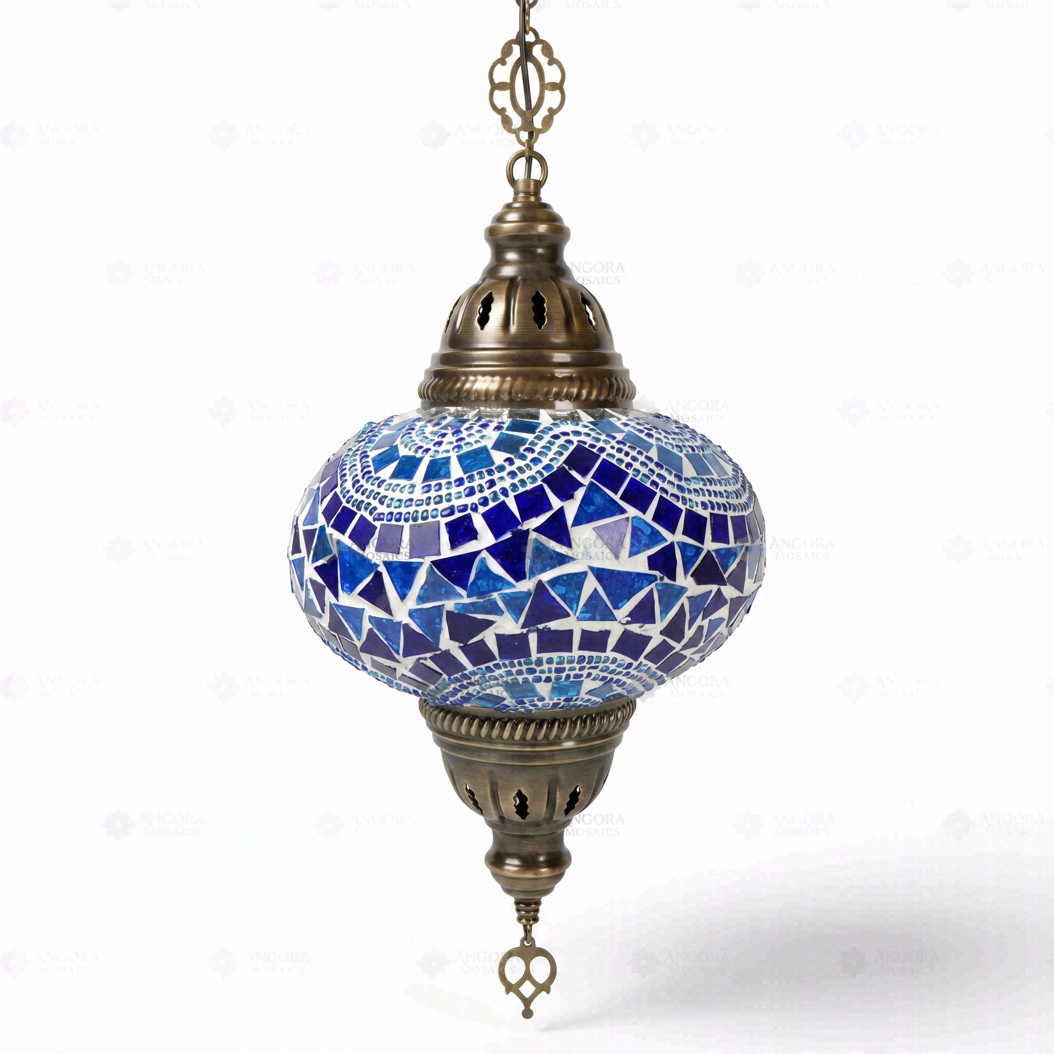 Full view of handmade Blue blue jewel Turkish mosaic pendant light on white background (ENV DYN3005)