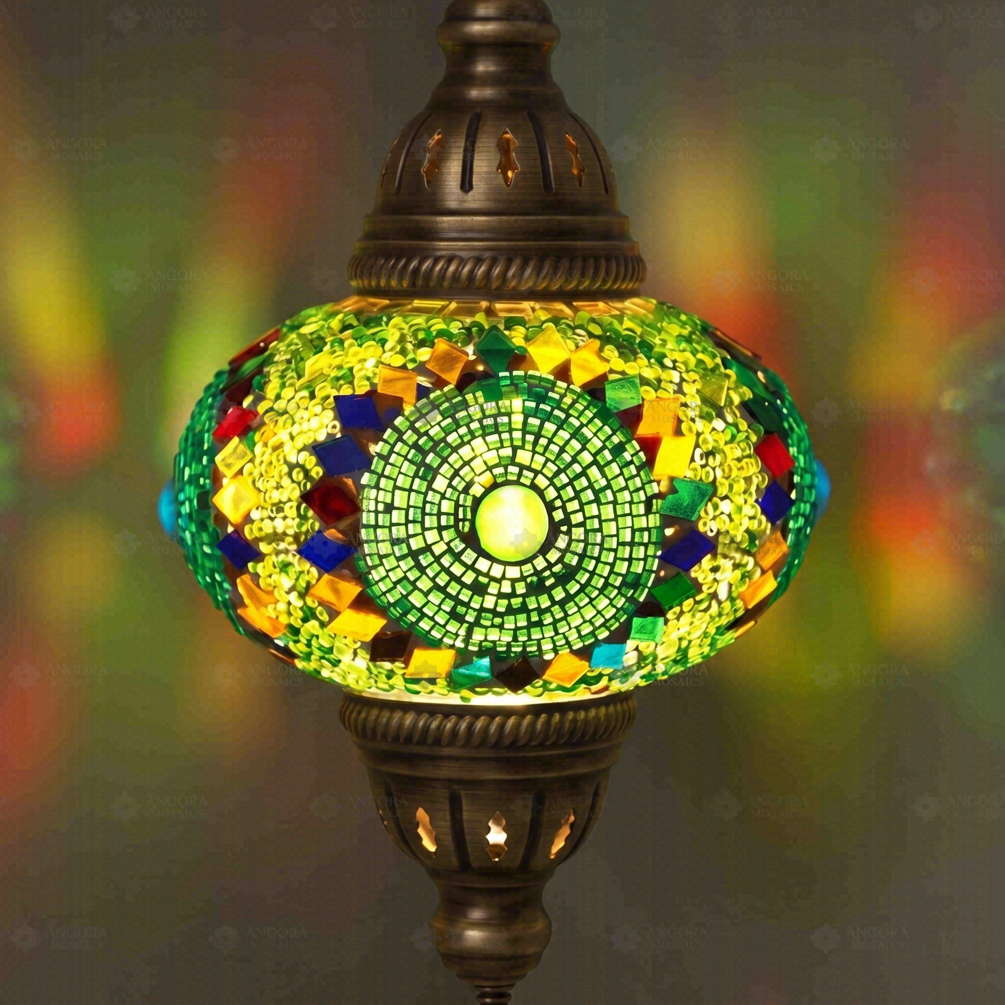 Lit close-up of mosaic glass globe — Green pendant light glowing (ENV DYN3006)