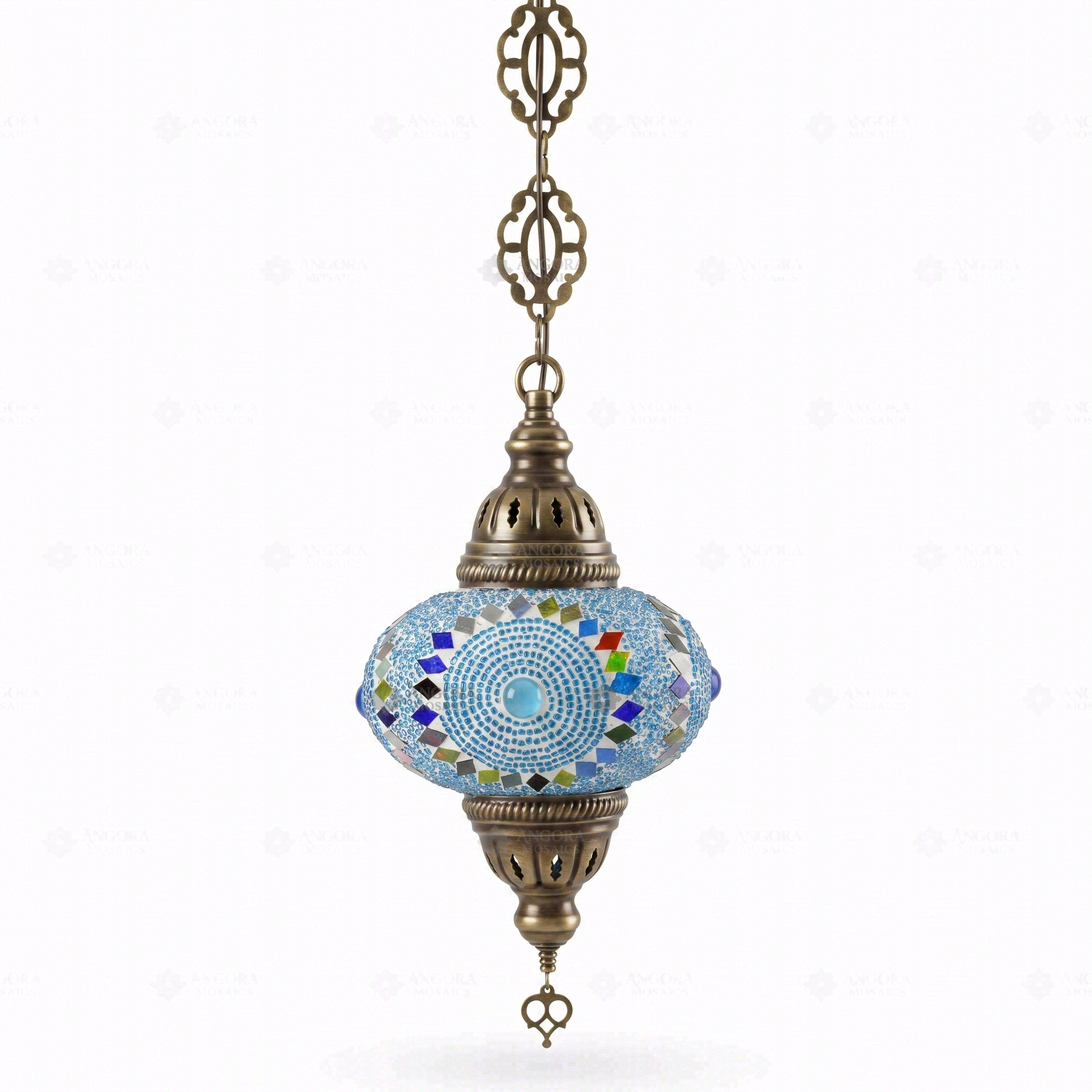 Full view of handmade Green green jewel Turkish mosaic pendant light on white background (ENV DYN3006)