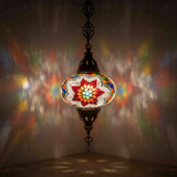 Multicolor Turkish mosaic pendant light illuminated, showing colorful light projection (ENV DYN3007)