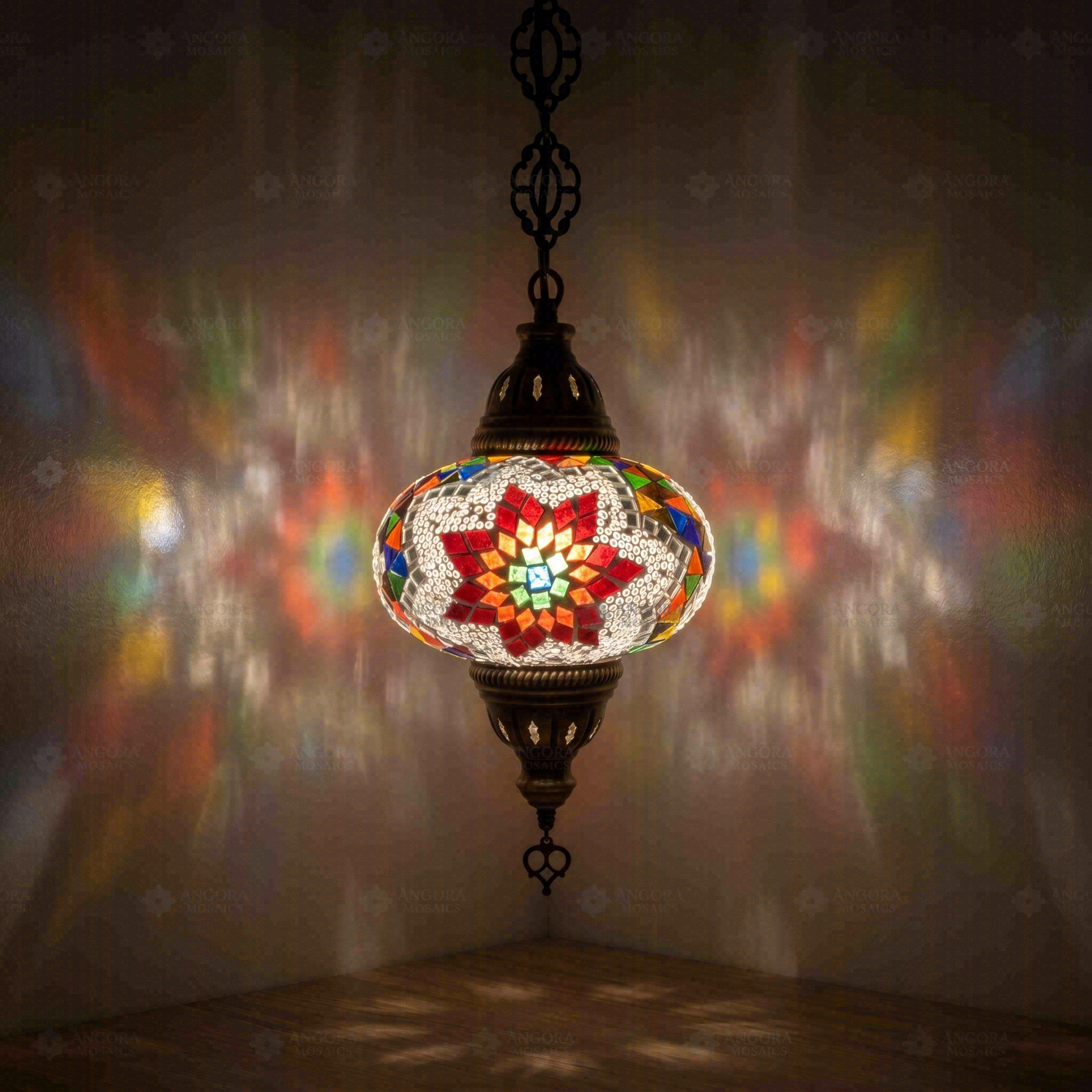 Multicolor Turkish mosaic pendant light illuminated, showing colorful light projection (ENV DYN3007)