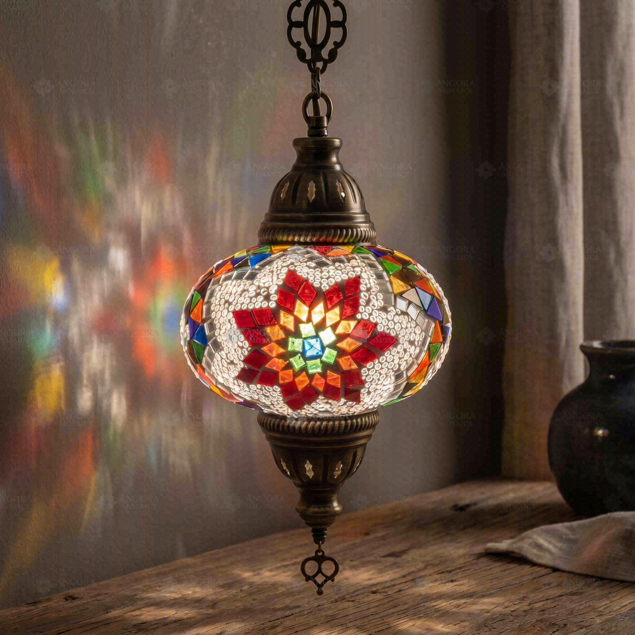 Multicolor multicolor jewel Turkish mosaic pendant light in styled room — handmade Moroccan pendant light (ENV DYN3007)