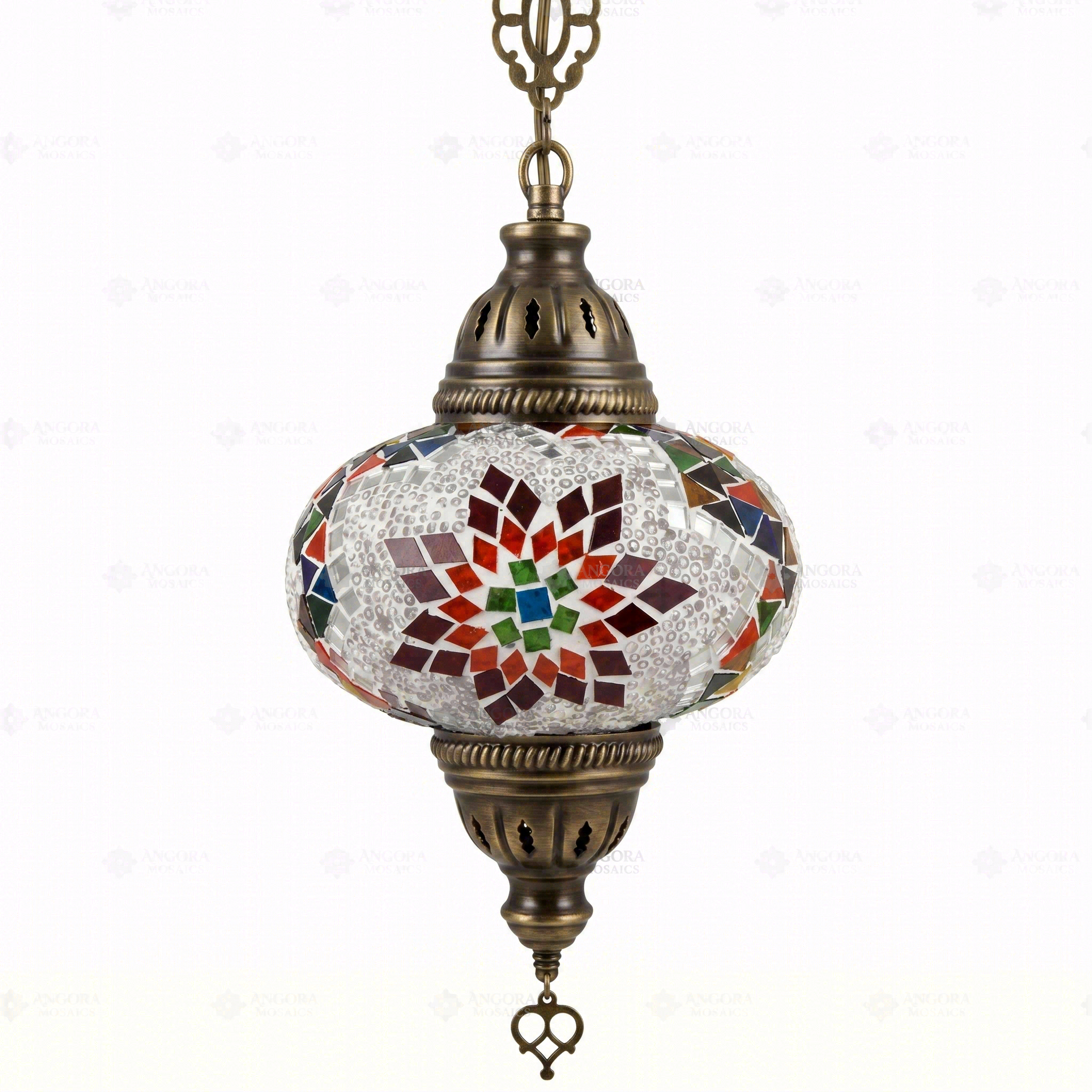 Full view of handmade Multicolor multicolor jewel Turkish mosaic pendant light on white background (ENV DYN3007)