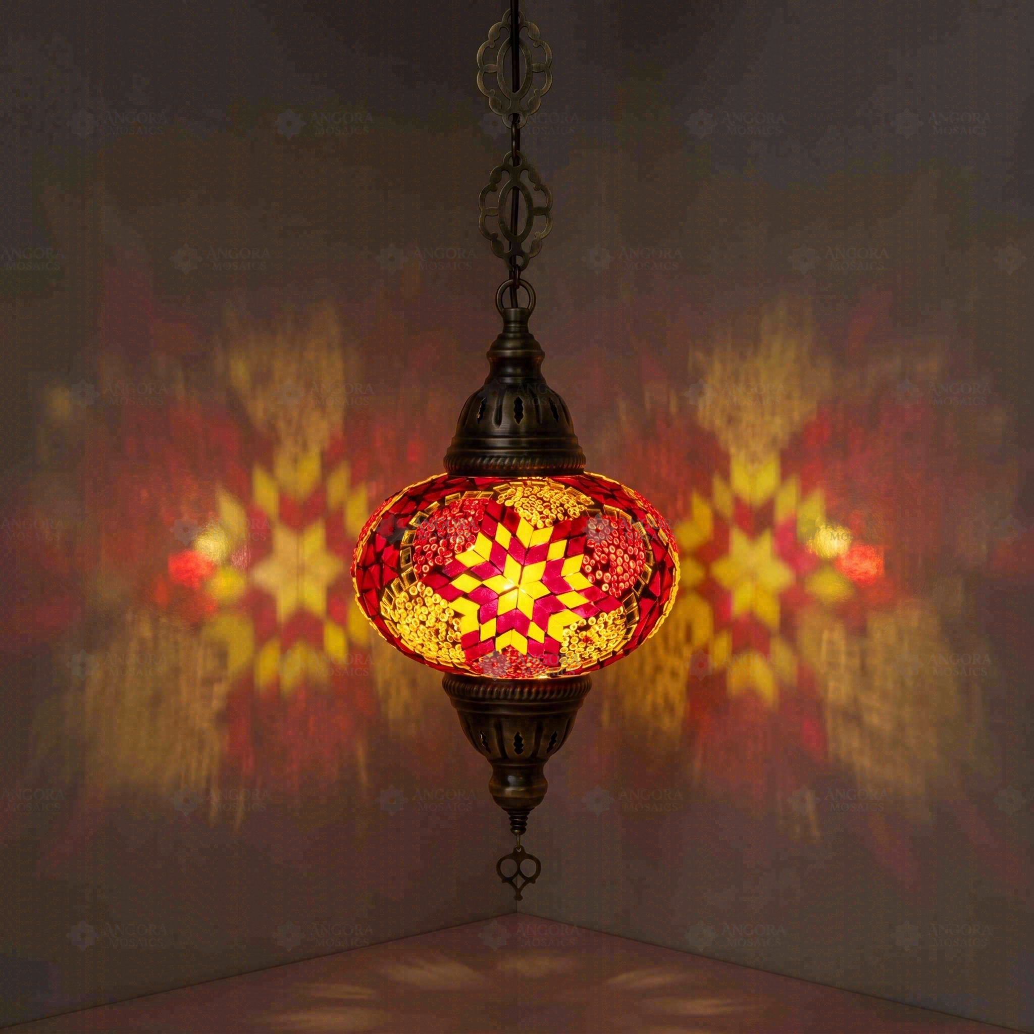 Red Turkish mosaic pendant light illuminated, showing colorful light projection (ENV DYN3008)