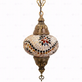 Full view of handmade Amber warm amber Turkish mosaic pendant light on white background (ENV DYN3009)