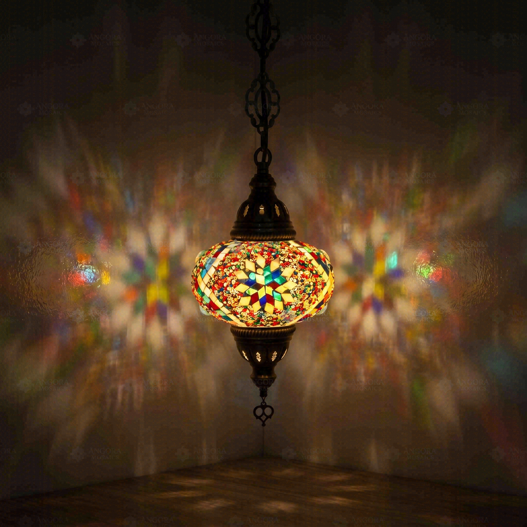 Multicolor Turkish mosaic pendant light illuminated, showing colorful light projection (ENV DYN3010)