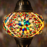Lit close-up of mosaic glass globe — Multicolor pendant light glowing (ENV DYN3010)