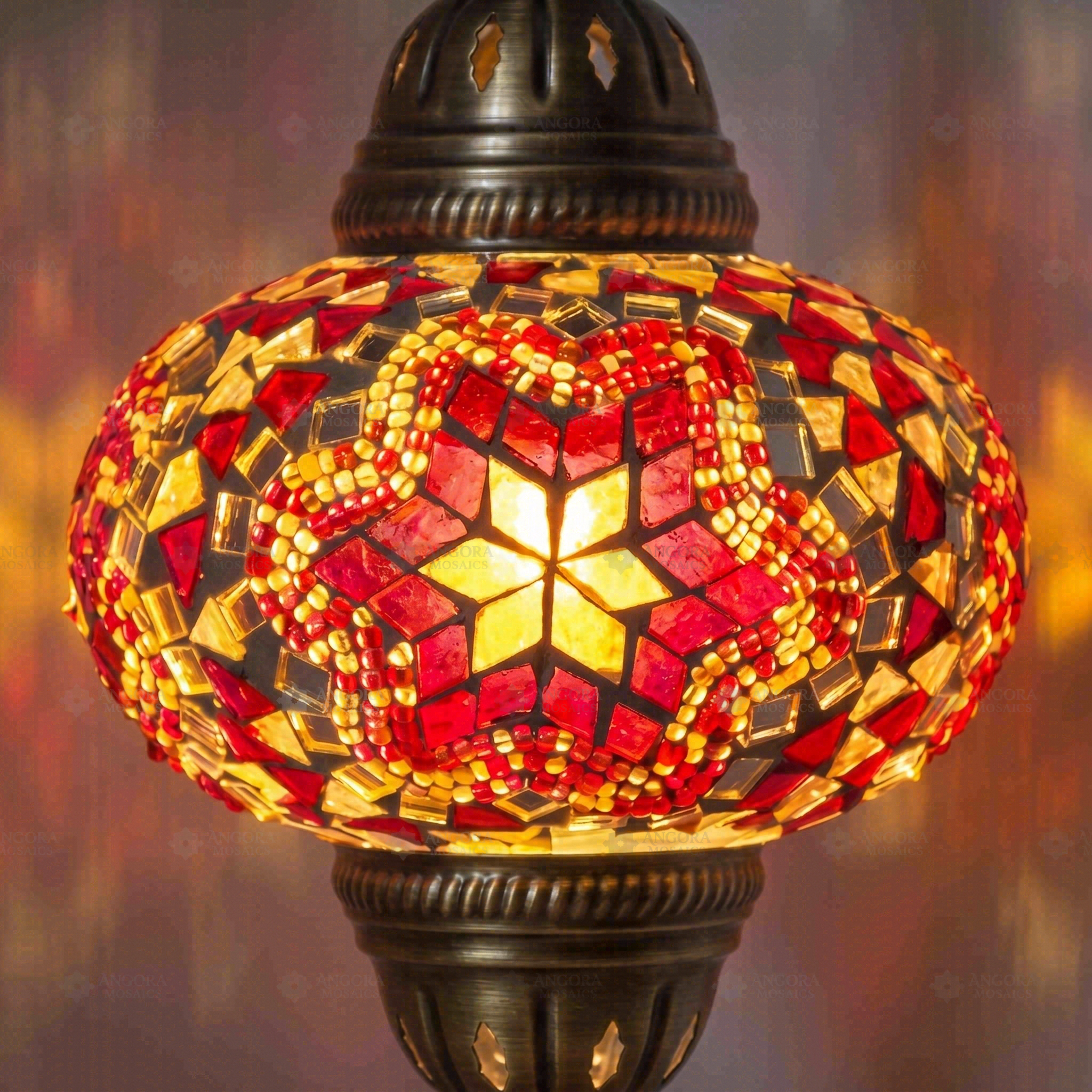 Lit close-up of mosaic glass globe — Red pendant light glowing (ENV DYN3011)
