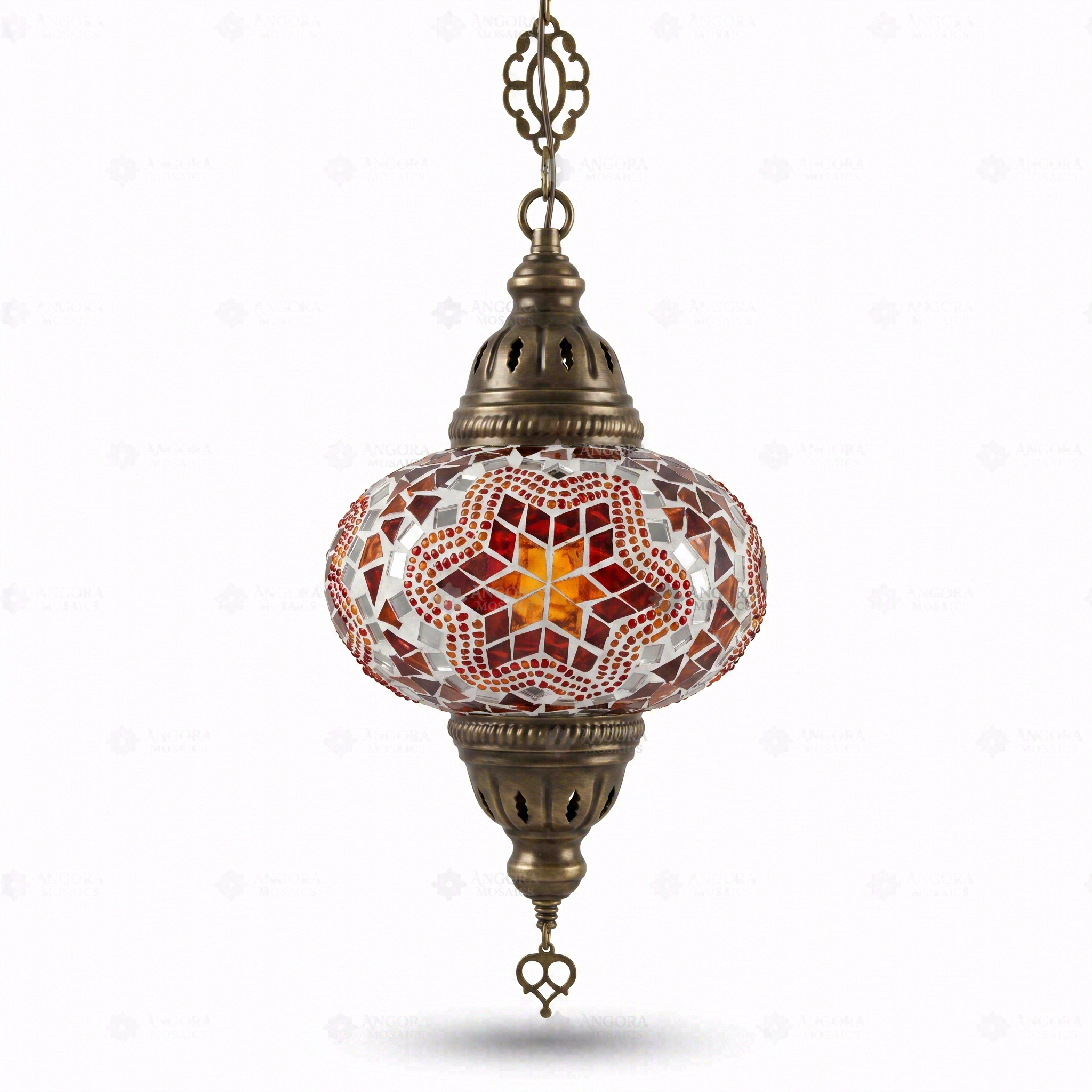 Full view of handmade Red ruby red Turkish mosaic pendant light on white background (ENV DYN3011)
