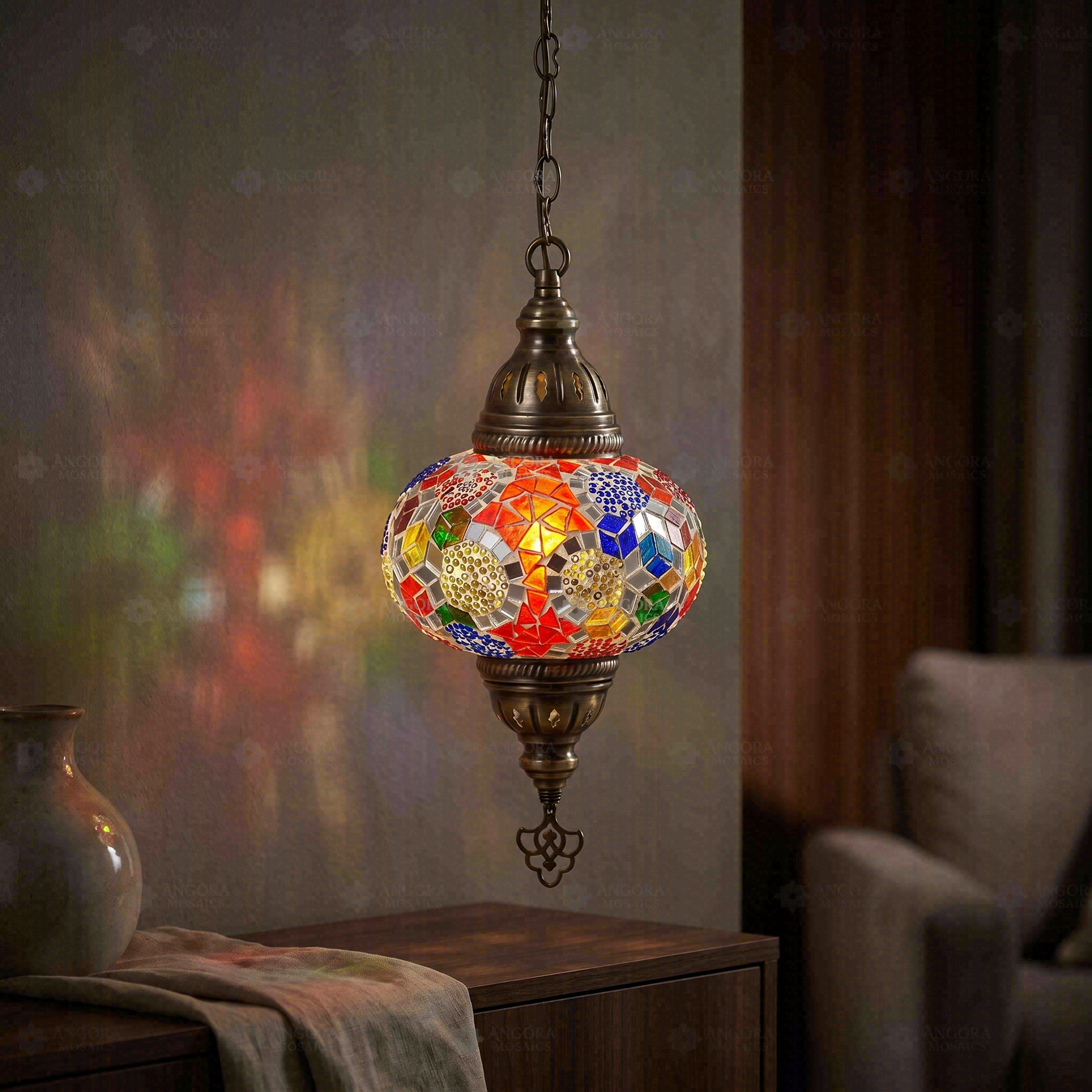 Multicolor multicolor jewel Turkish mosaic pendant light in styled room — handmade Moroccan pendant light (ENV DYN3012)