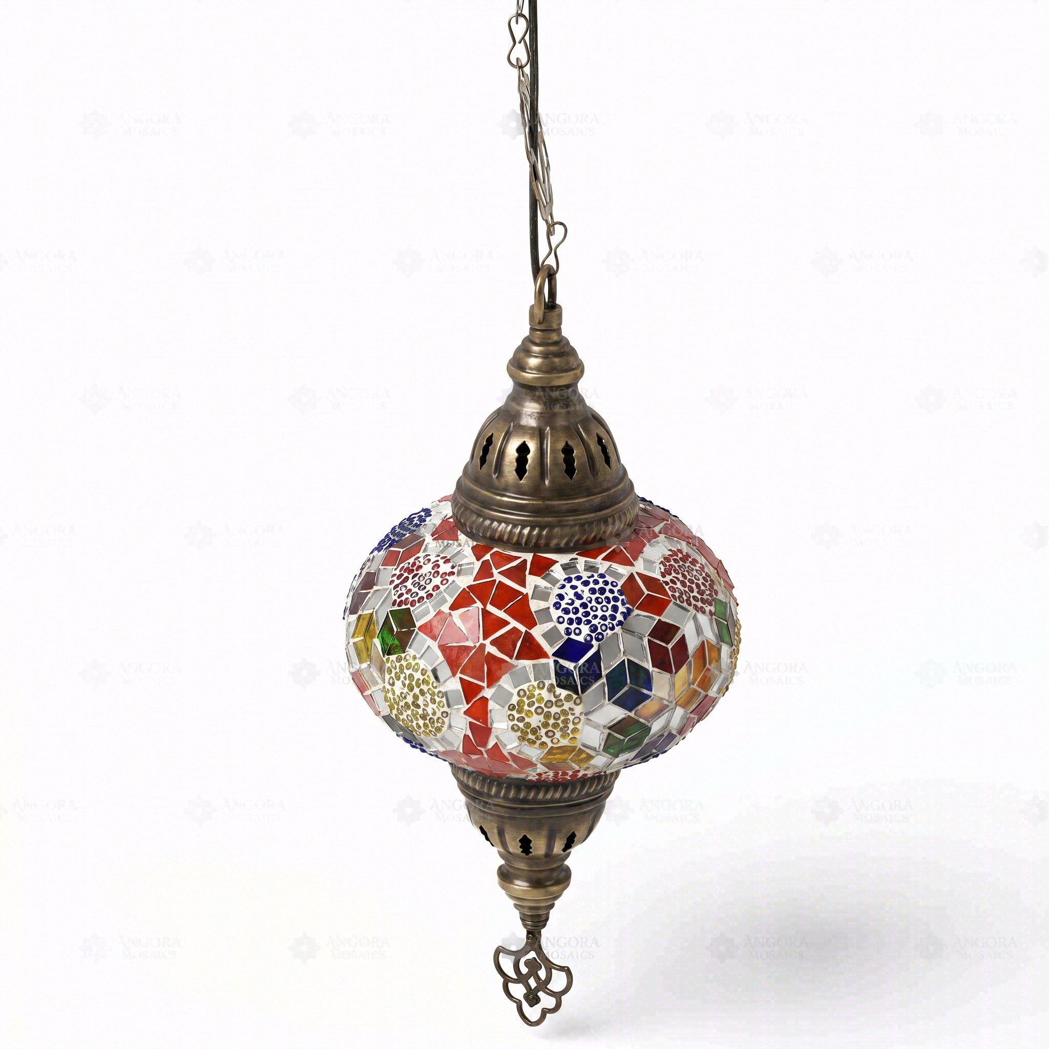 Full view of handmade Multicolor multicolor jewel Turkish mosaic pendant light on white background (ENV DYN3012)