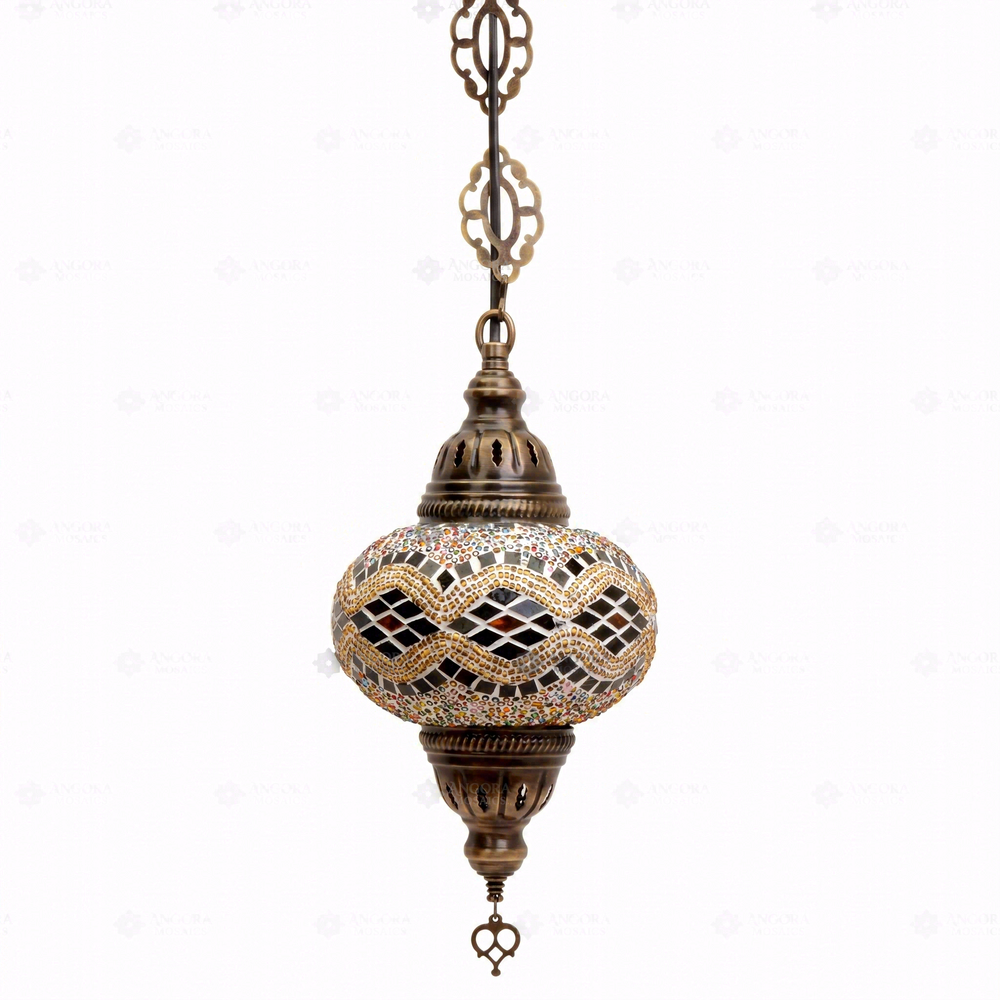 Full view of handmade Amber warm amber Turkish mosaic pendant light on white background (ENV DYN3013)