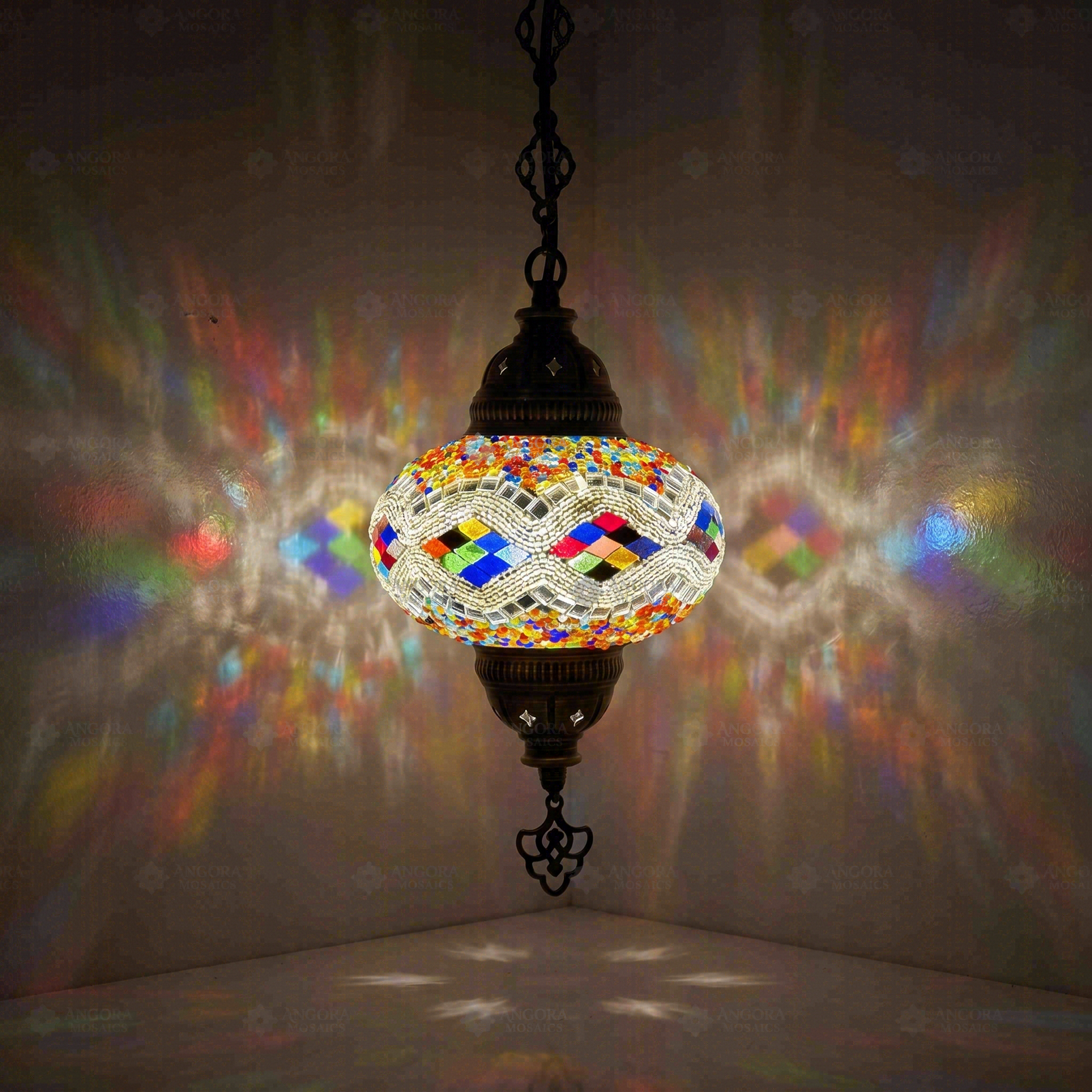 Multicolor Turkish mosaic pendant light illuminated, showing colorful light projection (ENV DYN3014)