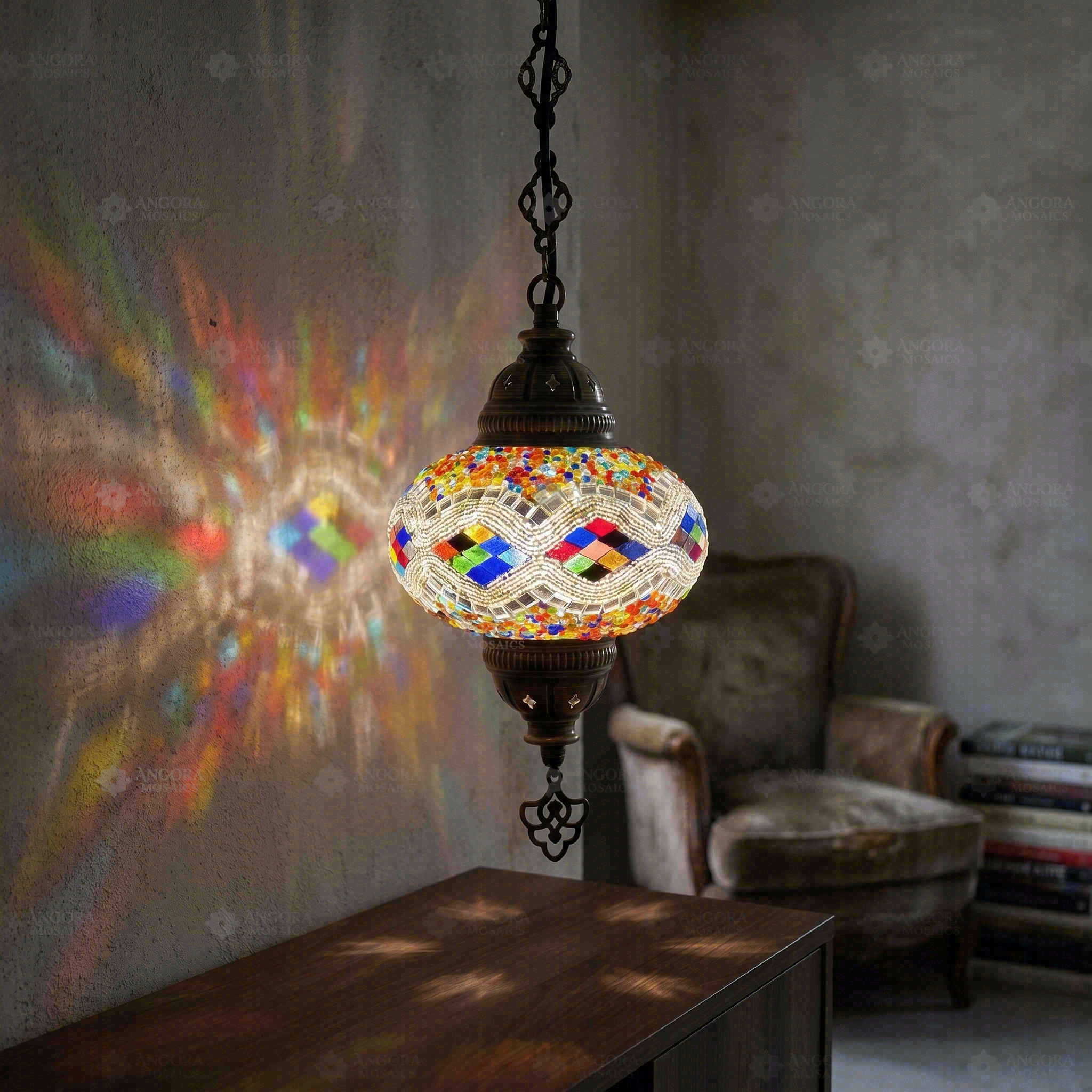 Multicolor multicolor jewel Turkish mosaic pendant light in styled room — handmade Moroccan pendant light (ENV DYN3014)