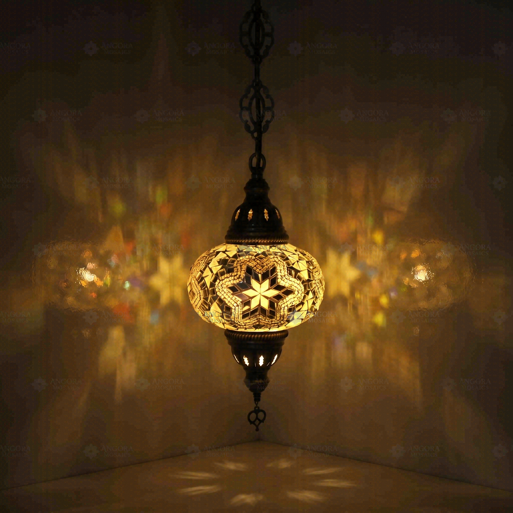 White Turkish mosaic pendant light illuminated, showing colorful light projection (ENV DYN3015)