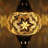 Lit close-up of mosaic glass globe — White pendant light glowing (ENV DYN3015)