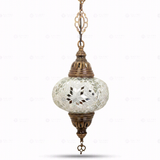 Full view of handmade White white glow Turkish mosaic pendant light on white background (ENV DYN3015)