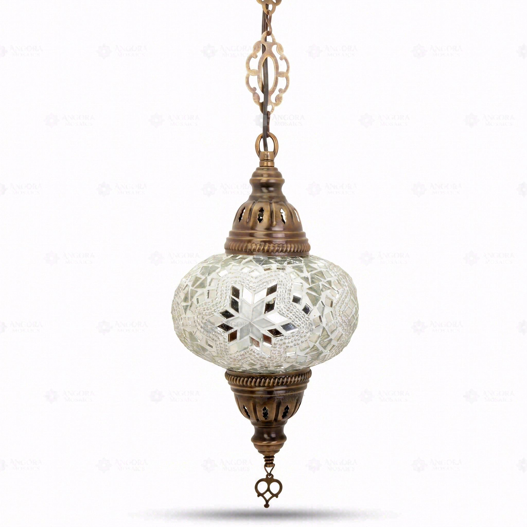 Full view of handmade White white glow Turkish mosaic pendant light on white background (ENV DYN3015)