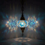 Blue Turkish mosaic pendant light illuminated, showing colorful light projection (ENV DYN3016)