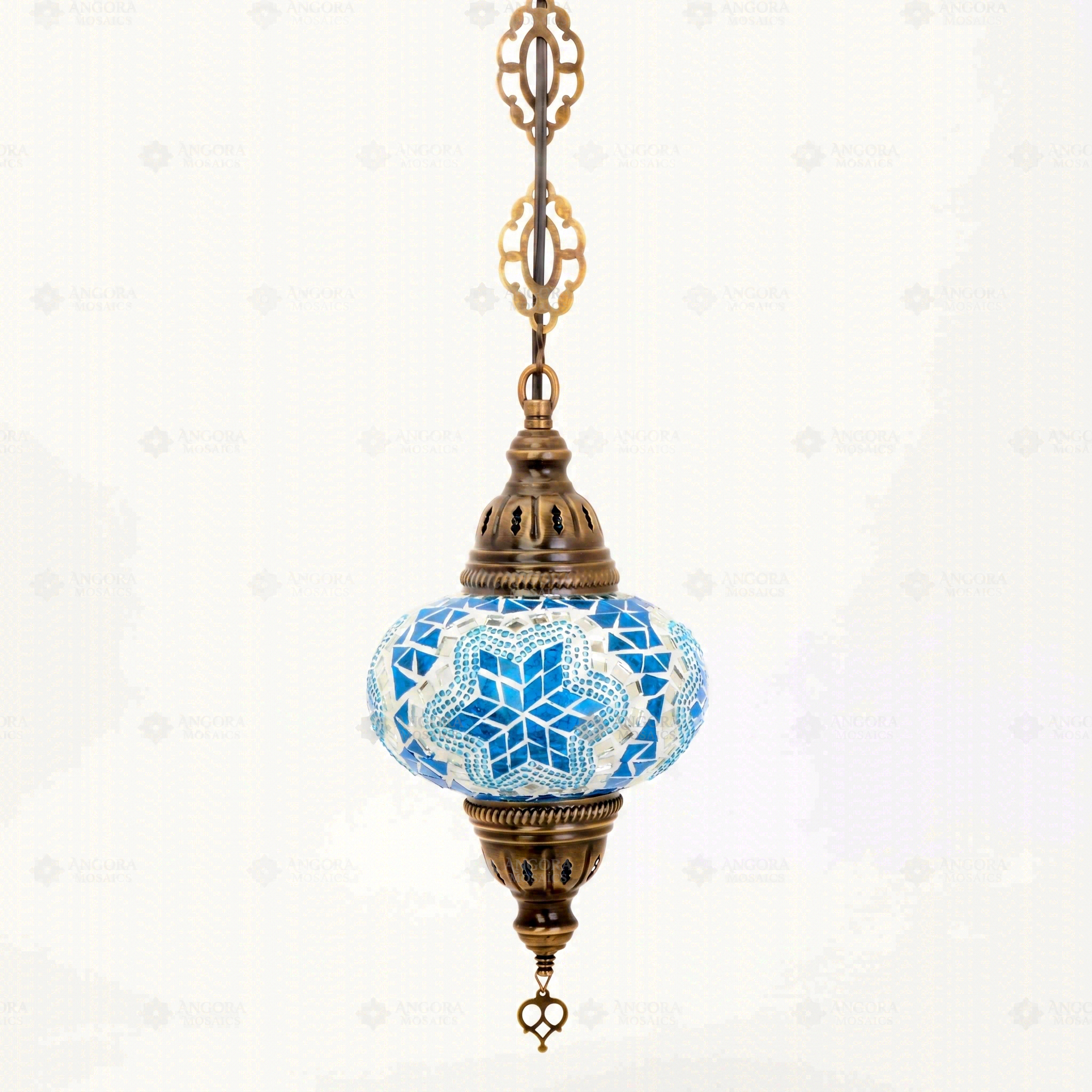 Full view of handmade Blue blue jewel Turkish mosaic pendant light on white background (ENV DYN3016)