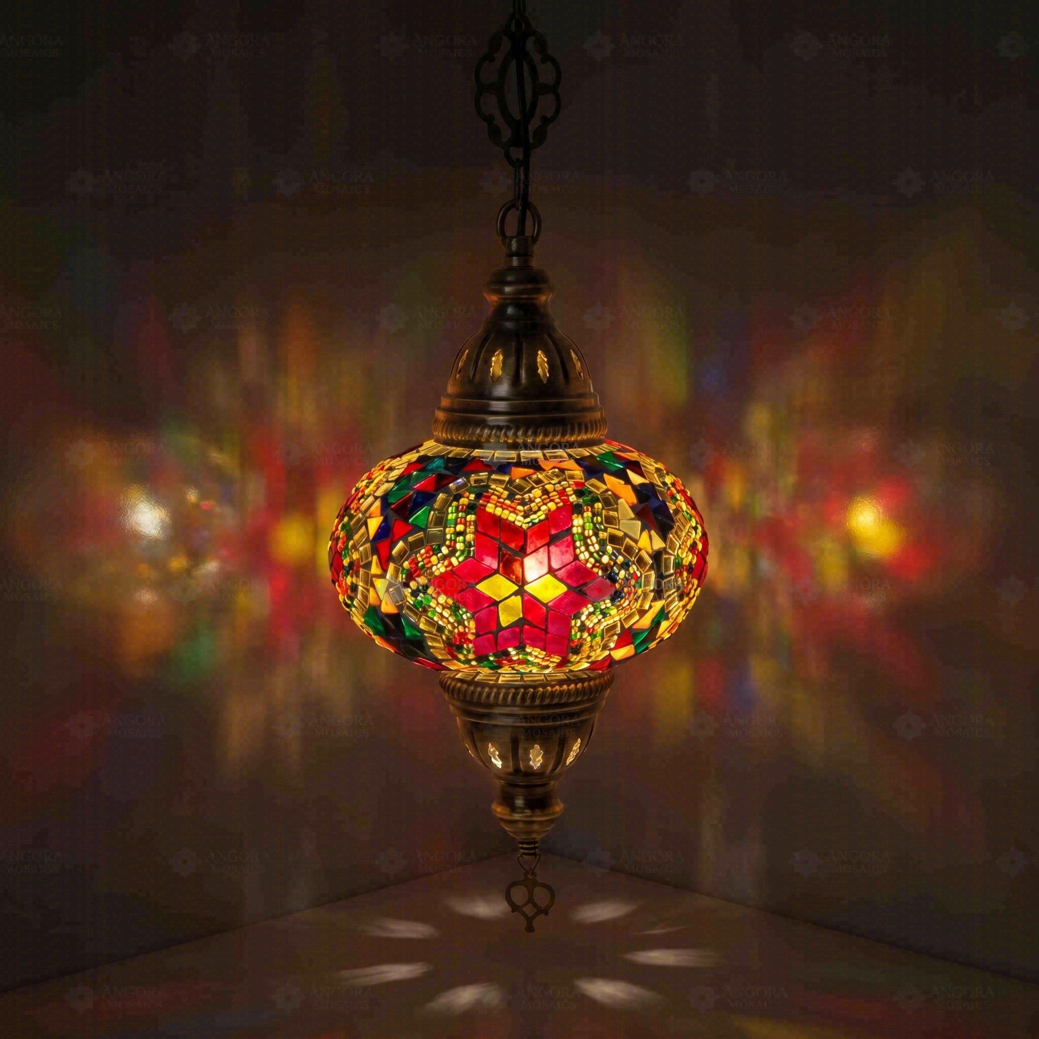 Multicolor Turkish mosaic pendant light illuminated, showing colorful light projection (ENV DYN3017)
