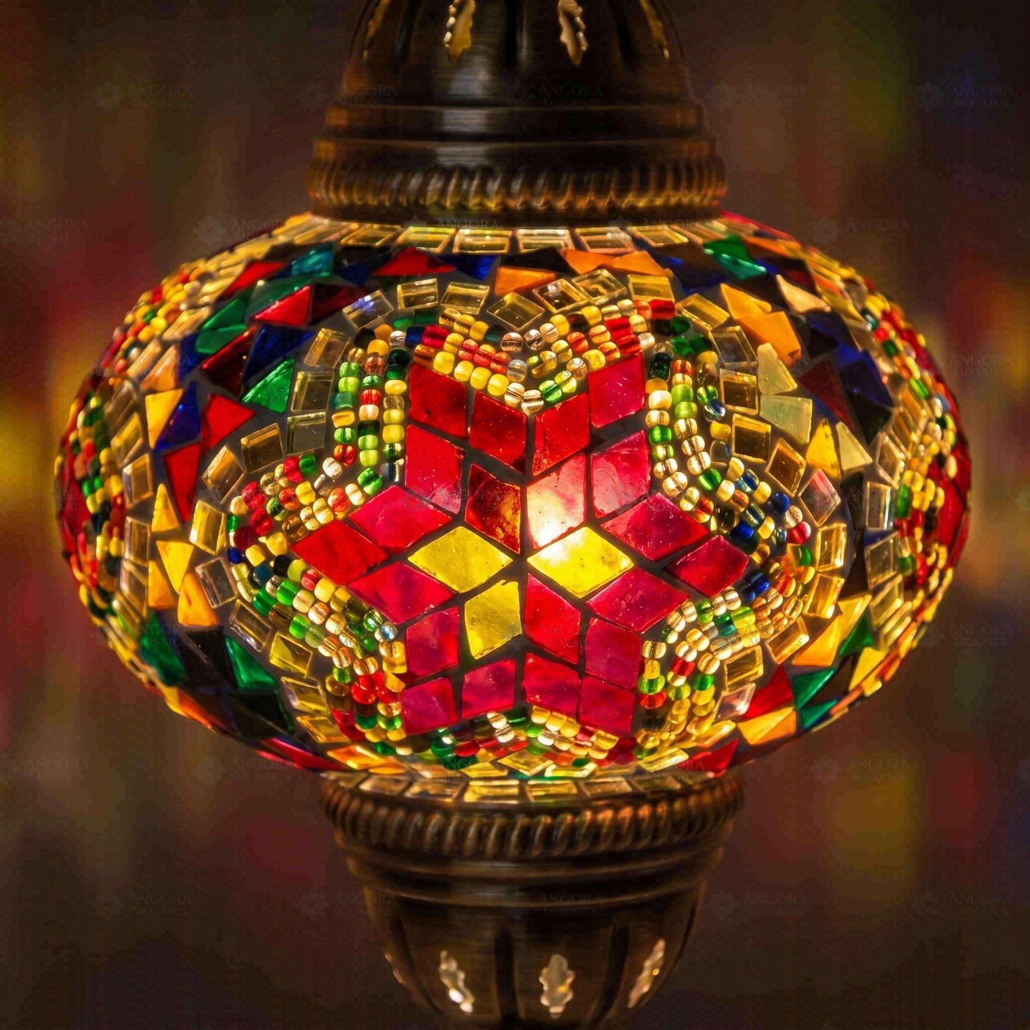 Lit close-up of mosaic glass globe — Multicolor pendant light glowing (ENV DYN3017)
