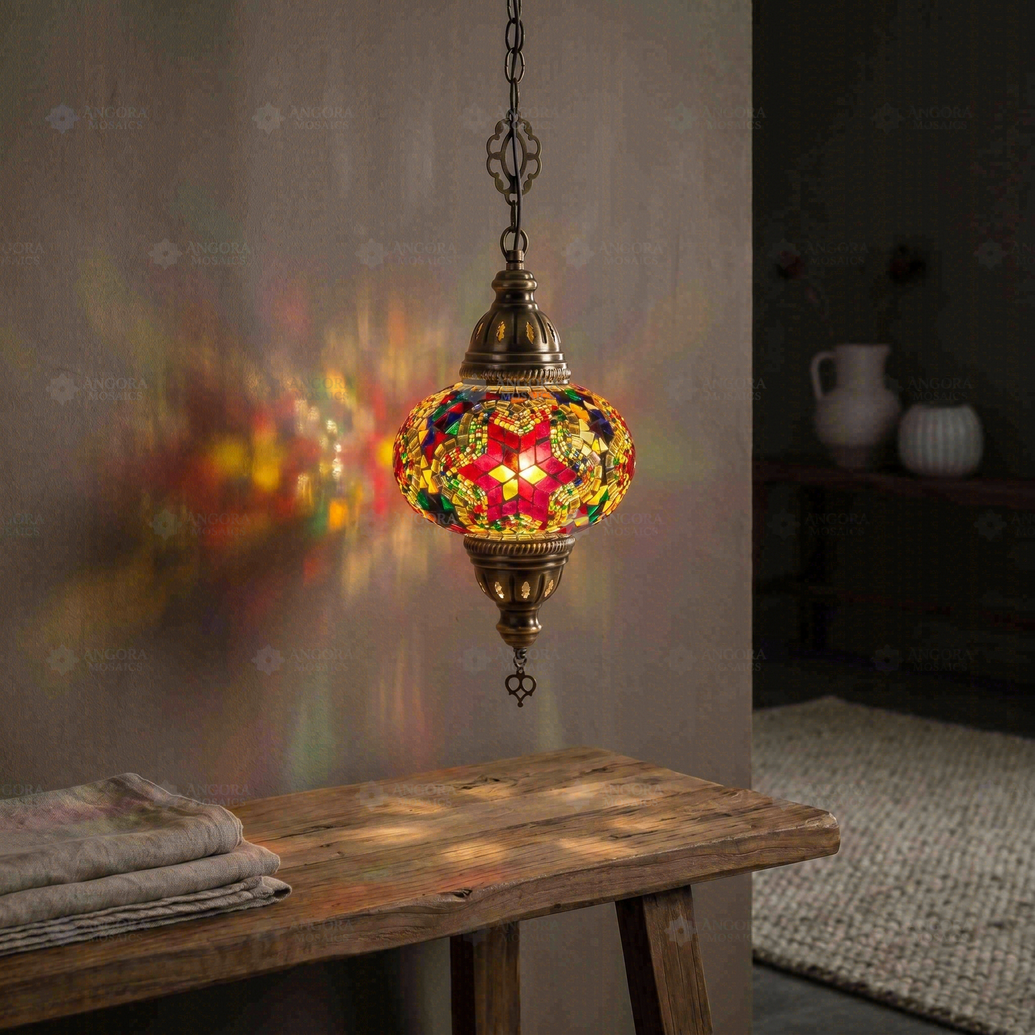Multicolor multicolor jewel Turkish mosaic pendant light in styled room — handmade Moroccan pendant light (ENV DYN3017)