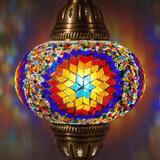 Lit close-up of mosaic glass globe — Multicolor pendant light glowing (ENV DYN3018)