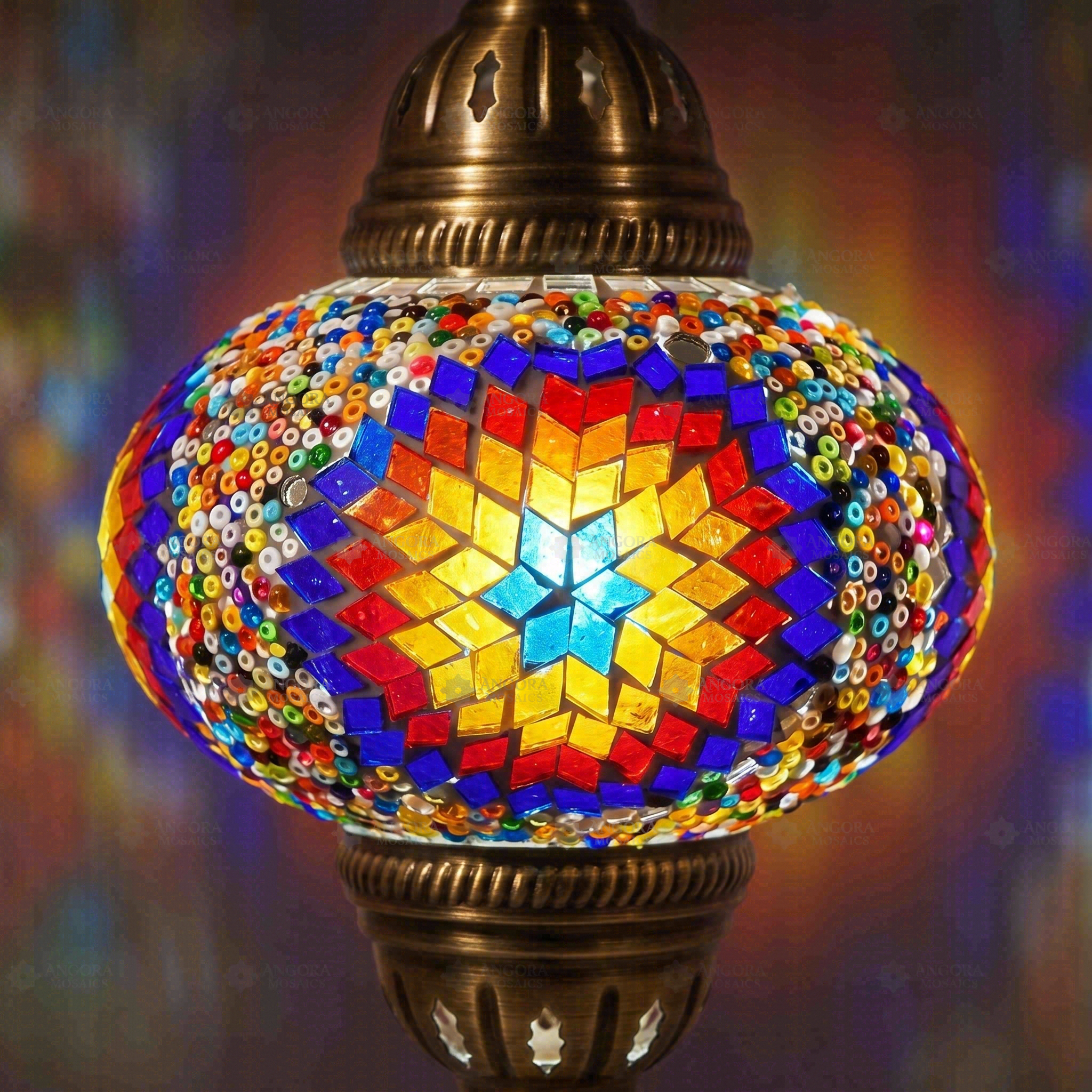 Lit close-up of mosaic glass globe — Multicolor pendant light glowing (ENV DYN3018)