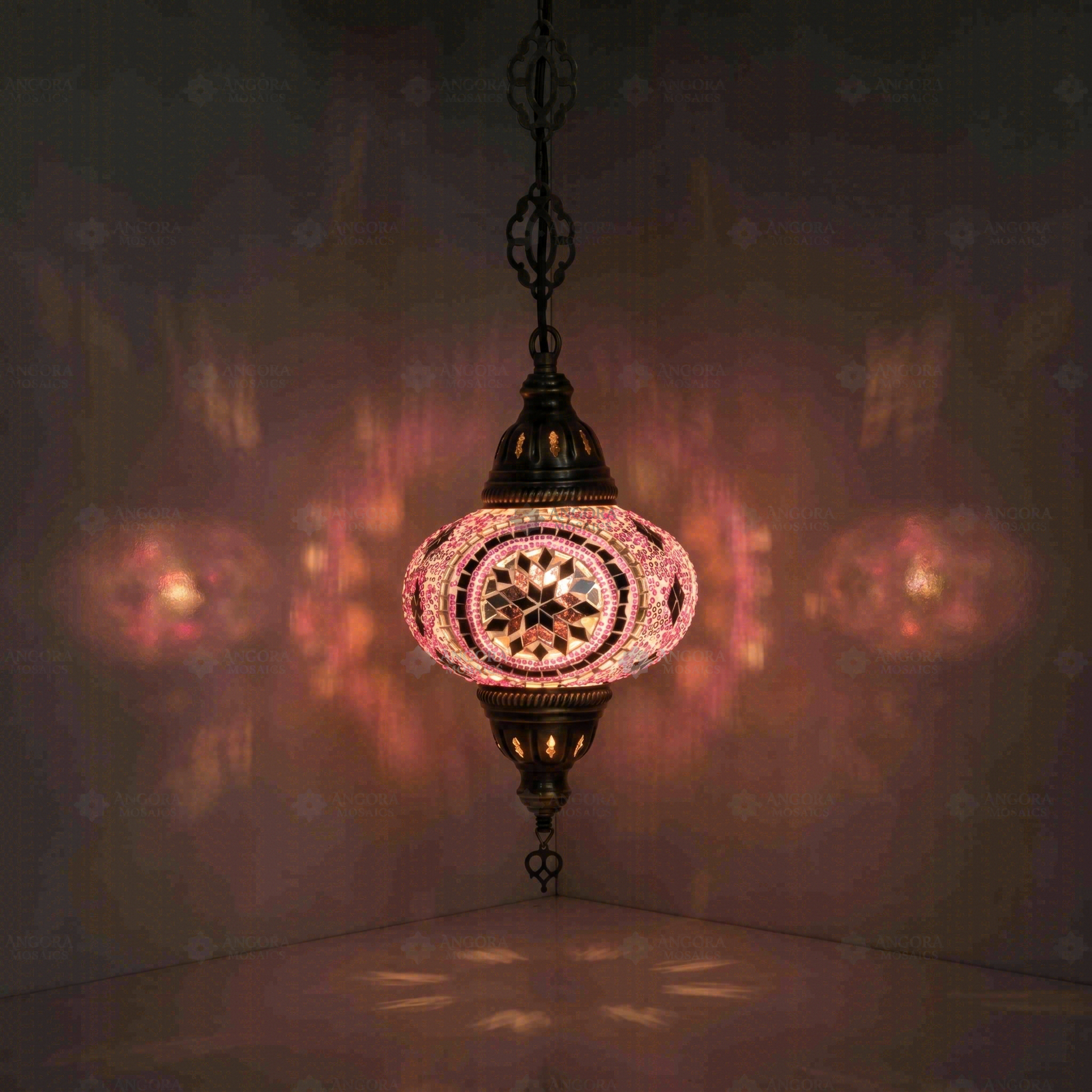 Purple Turkish mosaic pendant light illuminated, showing colorful light projection (ENV DYN3020)