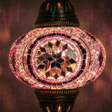 Lit close-up of mosaic glass globe — Purple pendant light glowing (ENV DYN3020)