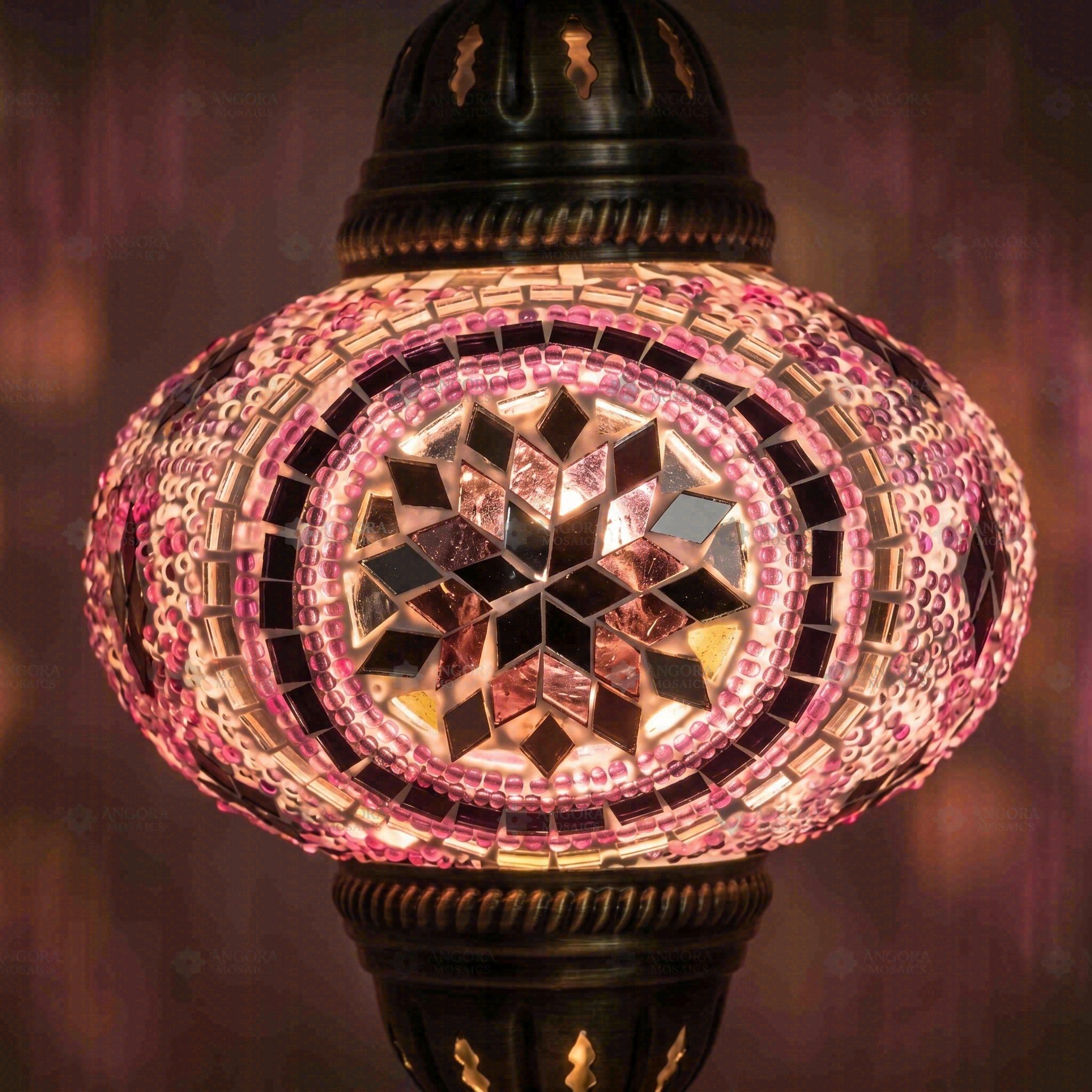 Lit close-up of mosaic glass globe — Purple pendant light glowing (ENV DYN3020)