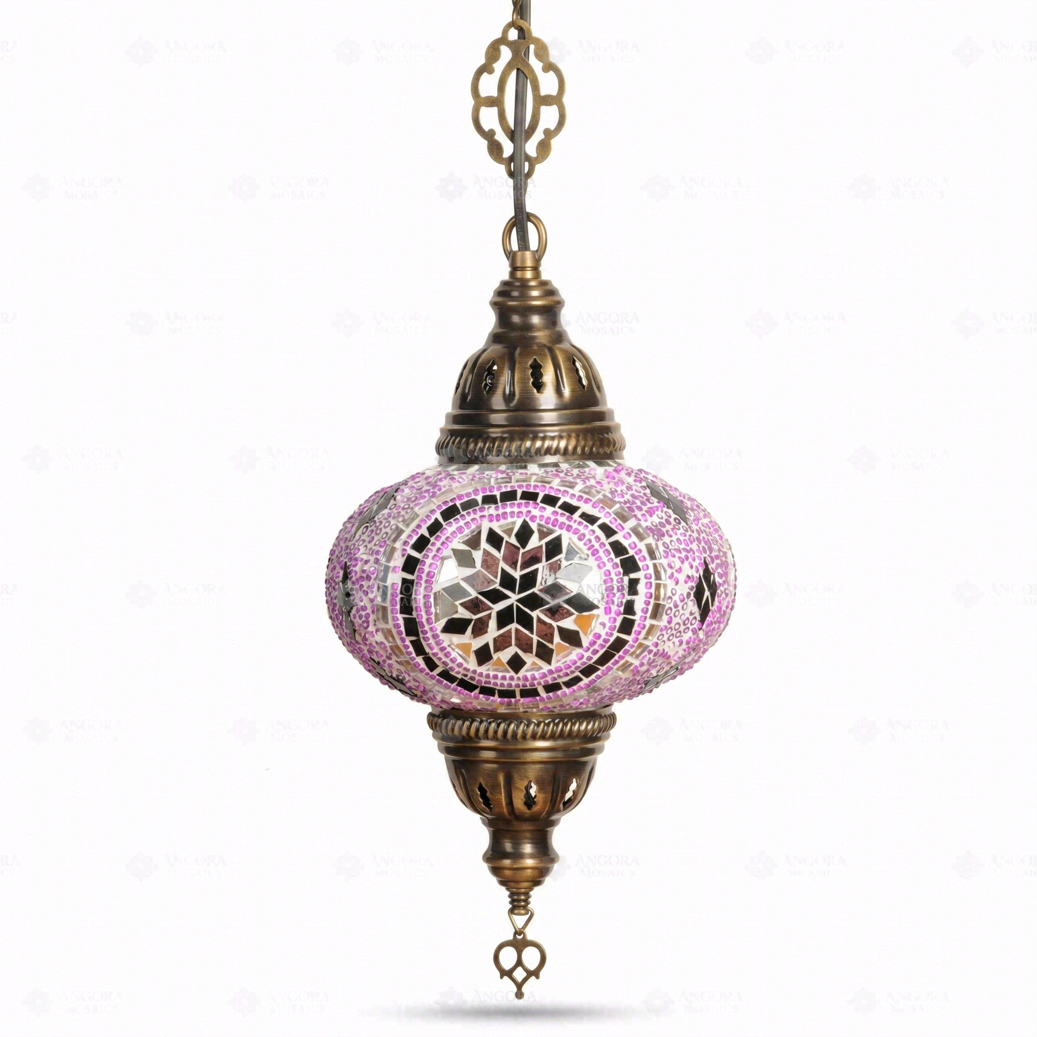 Full view of handmade Purple purple jewel Turkish mosaic pendant light on white background (ENV DYN3020)