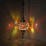 Multicolor Turkish mosaic pendant light illuminated, showing colorful light projection (ENV DYN3021)