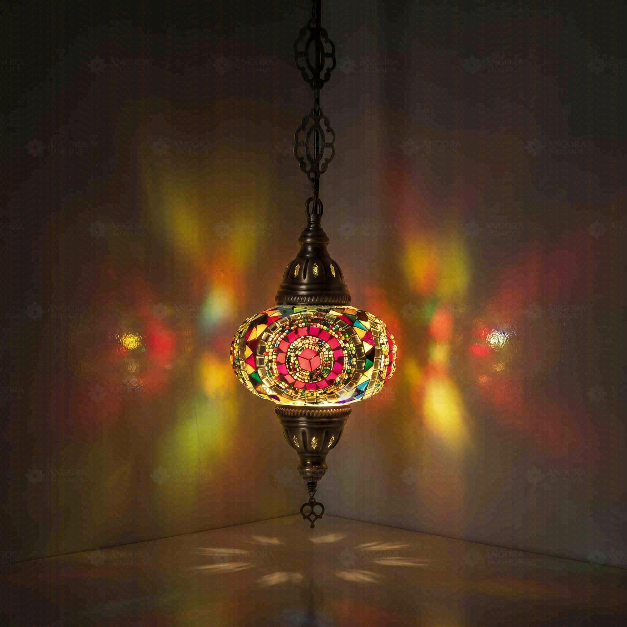 Multicolor Turkish mosaic pendant light illuminated, showing colorful light projection (ENV DYN3021)