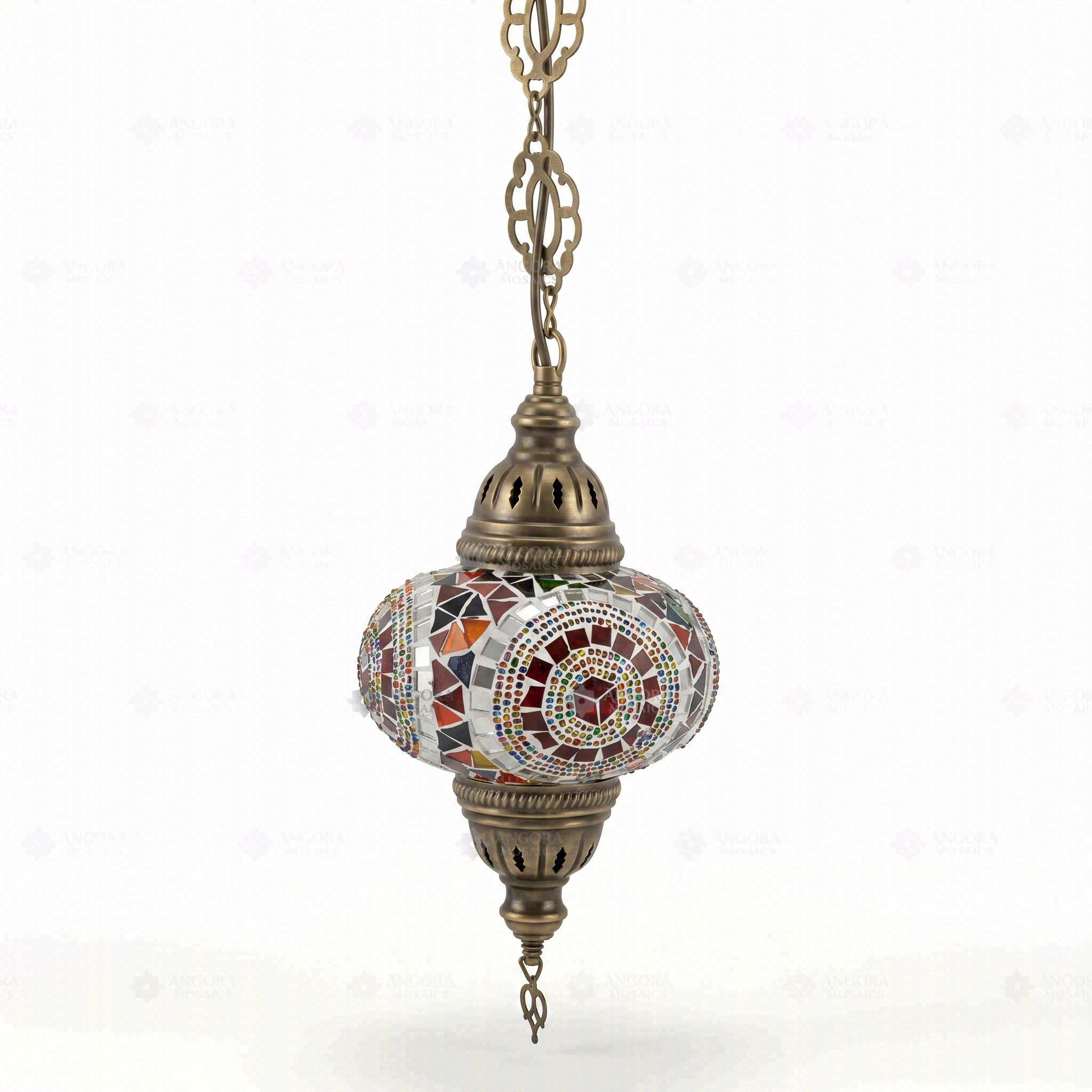 Full view of handmade Multicolor multicolor jewel Turkish mosaic pendant light on white background (ENV DYN3021)