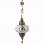 Full view of handmade White white glow Turkish mosaic pendant light on white background (ENV DYN3022)
