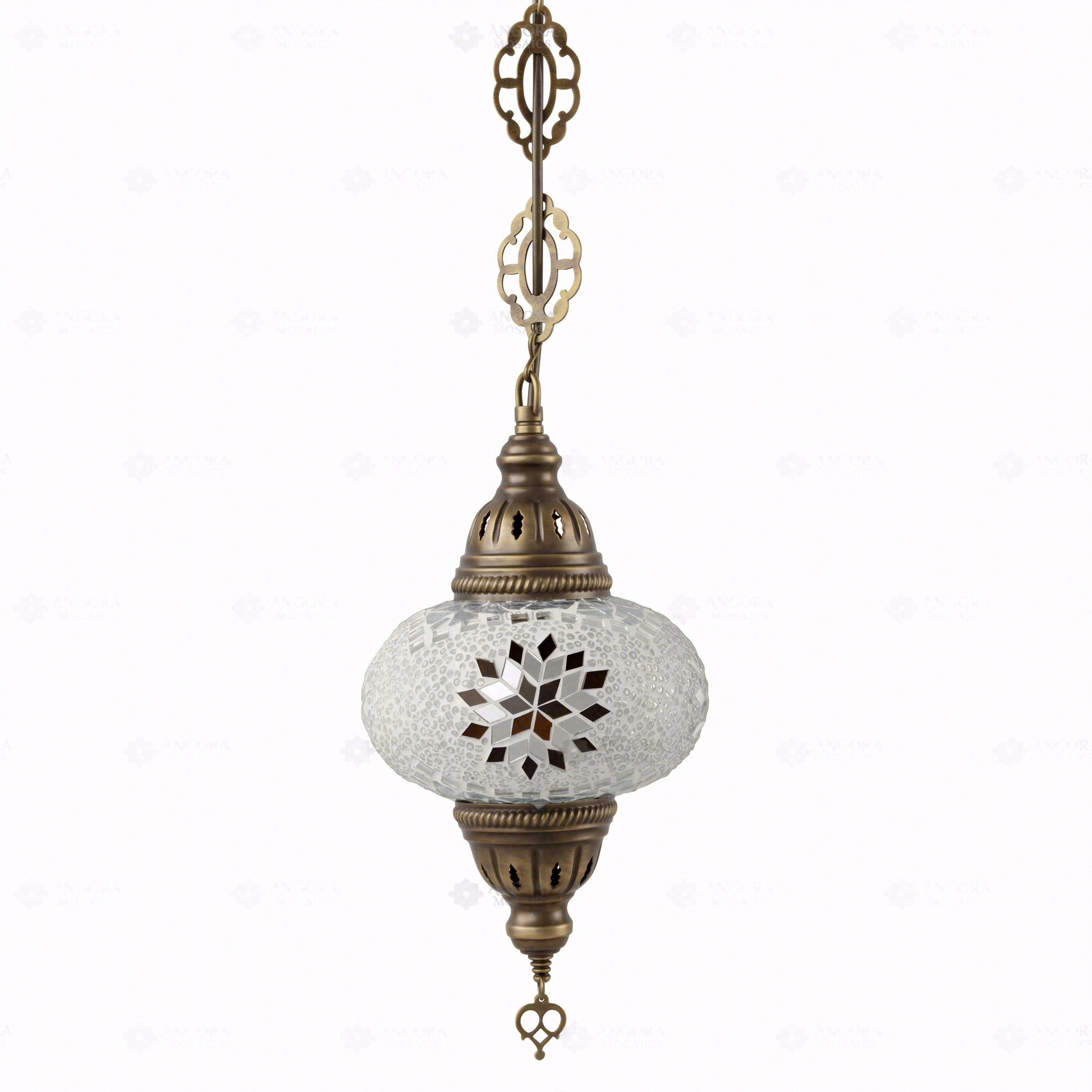 Full view of handmade White white glow Turkish mosaic pendant light on white background (ENV DYN3022)