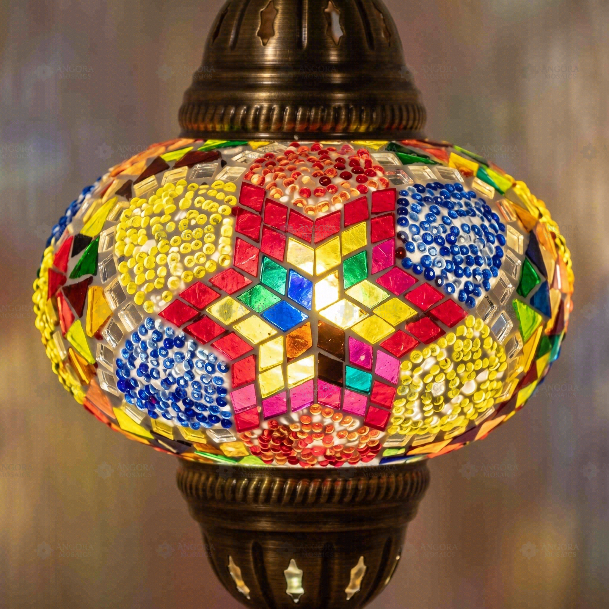 Lit close-up of mosaic glass globe — Multicolor pendant light glowing (ENV DYN3024)