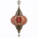 Full view of handmade Amber warm amber Turkish mosaic pendant light on white background (ENV DYN3025)