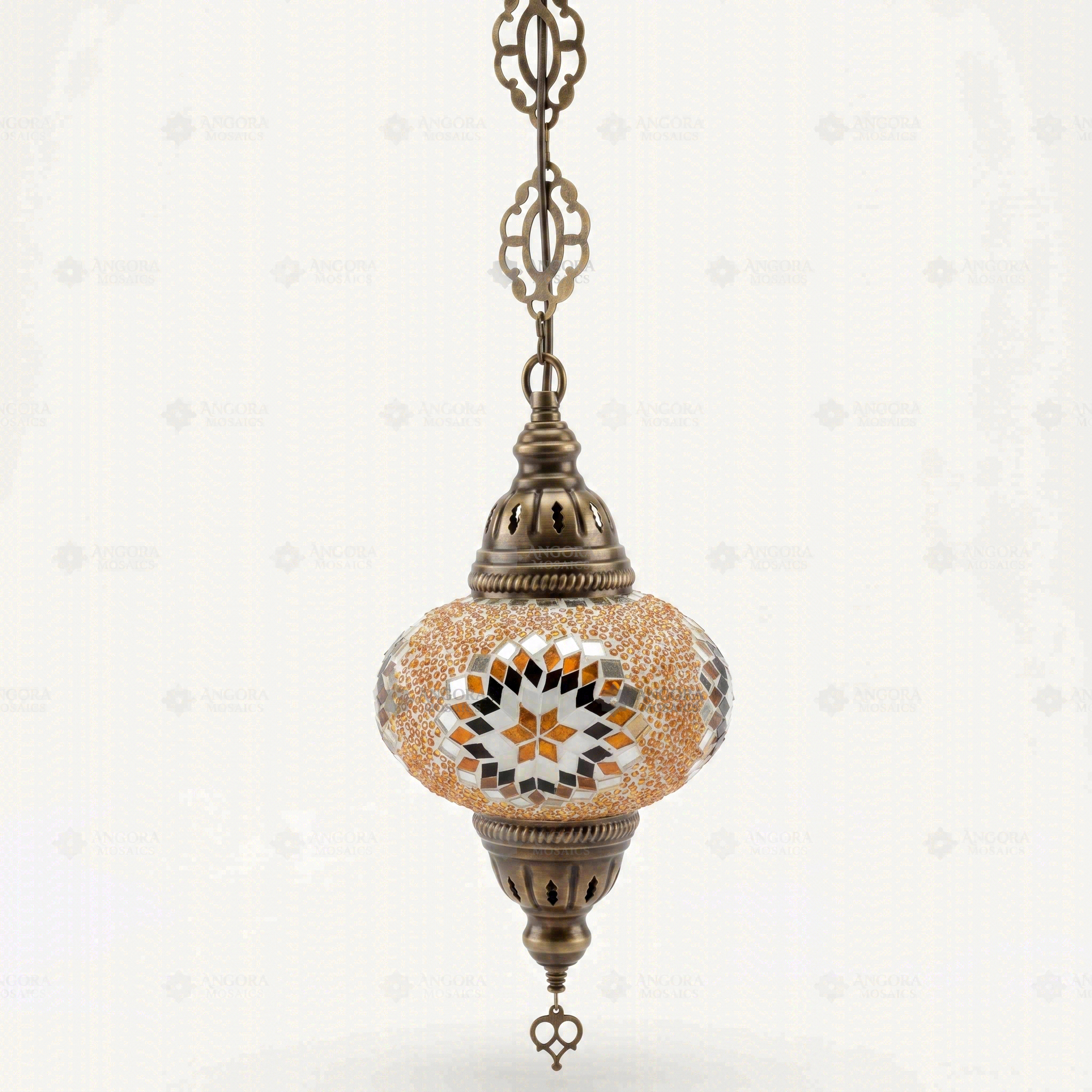 Full view of handmade Amber warm amber Turkish mosaic pendant light on white background (ENV DYN3026)
