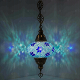 Blue Turkish mosaic pendant light illuminated, showing colorful light projection (ENV DYN3027)