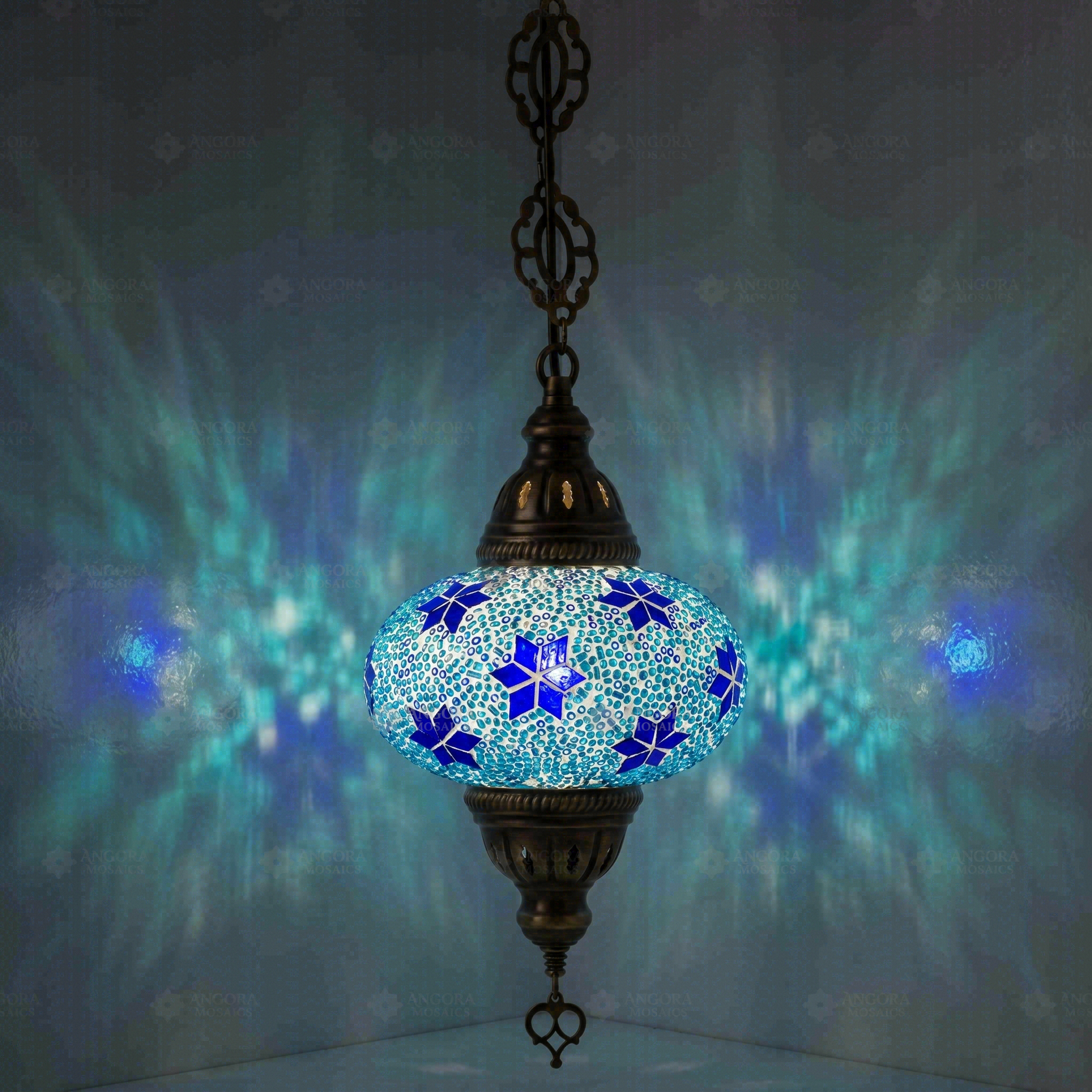 Blue Turkish mosaic pendant light illuminated, showing colorful light projection (ENV DYN3027)