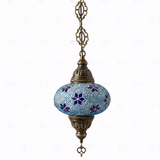 Full view of handmade Blue blue jewel Turkish mosaic pendant light on white background (ENV DYN3027)