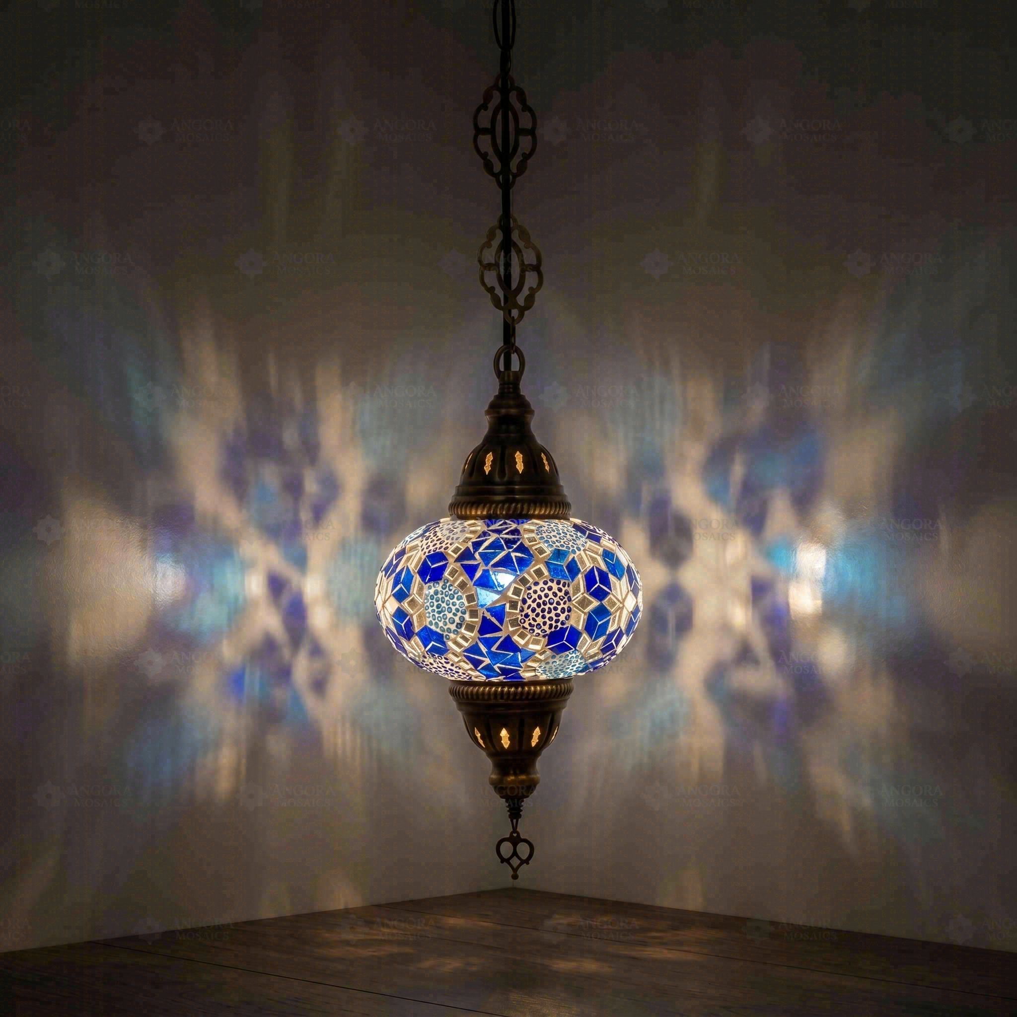 Blue Turkish mosaic pendant light illuminated, showing colorful light projection (ENV DYN3028)